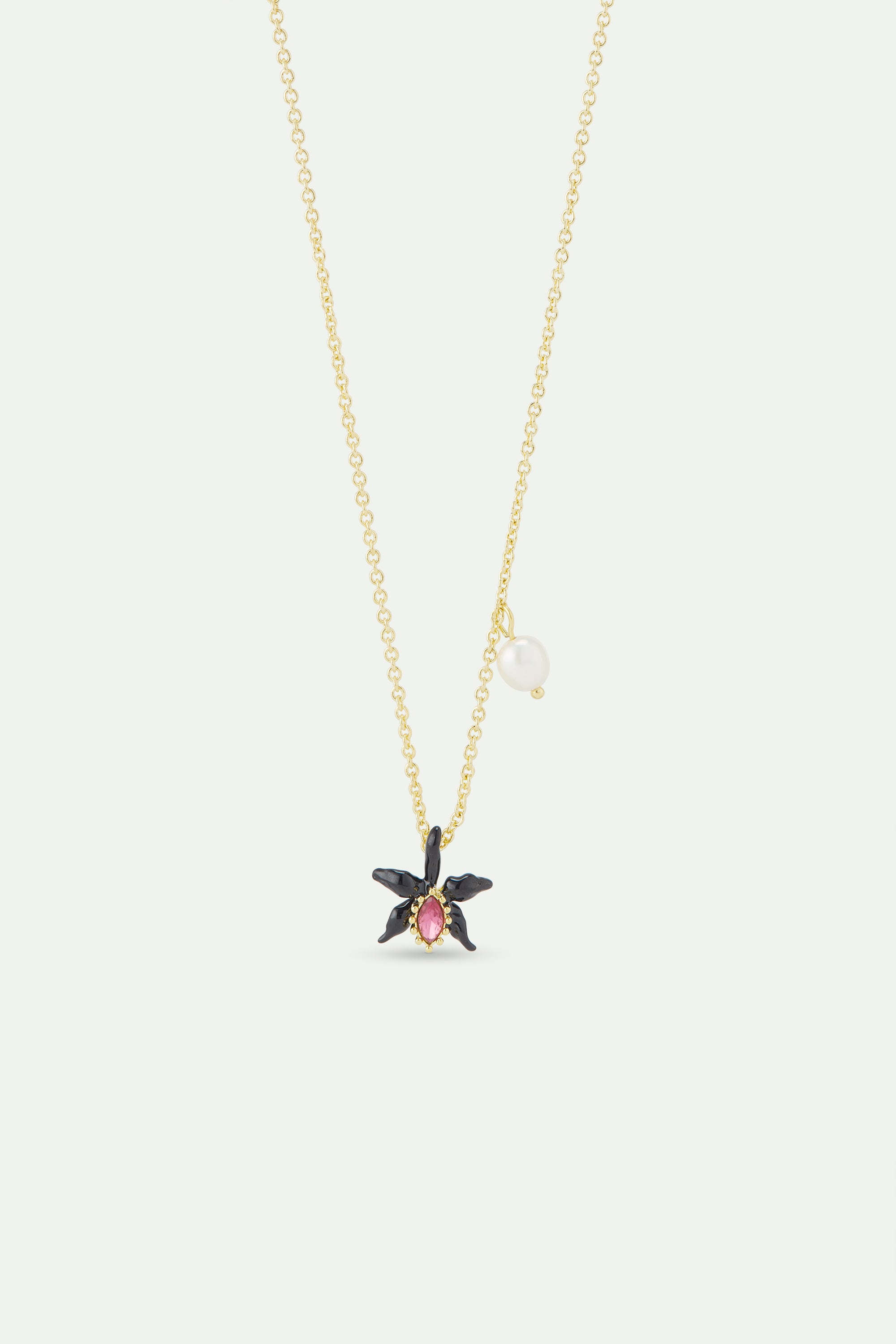 Fine black orchid necklace with pink faceted crystal and cultured pearl