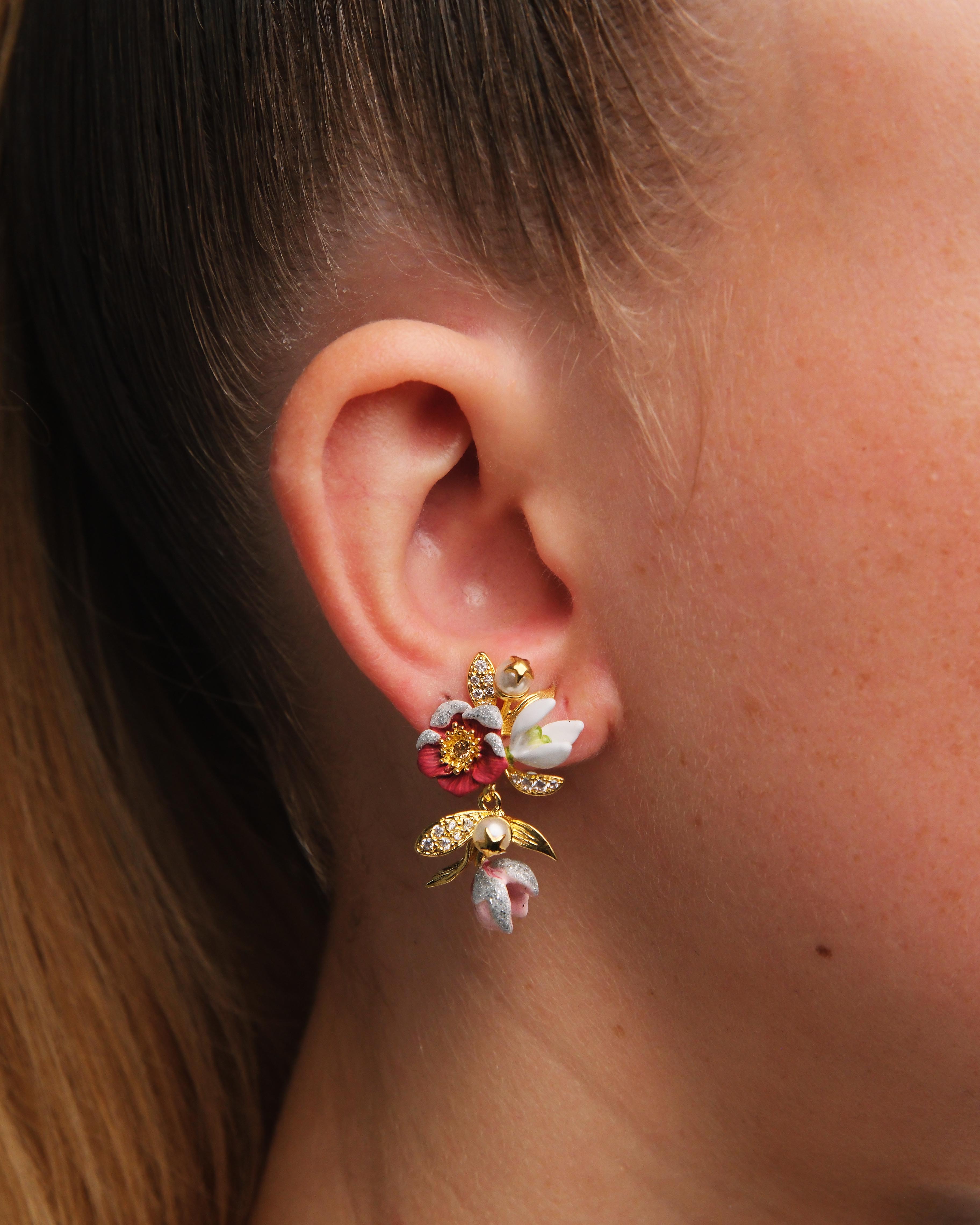 Hellebore flower, snowdrops and crystal earrings