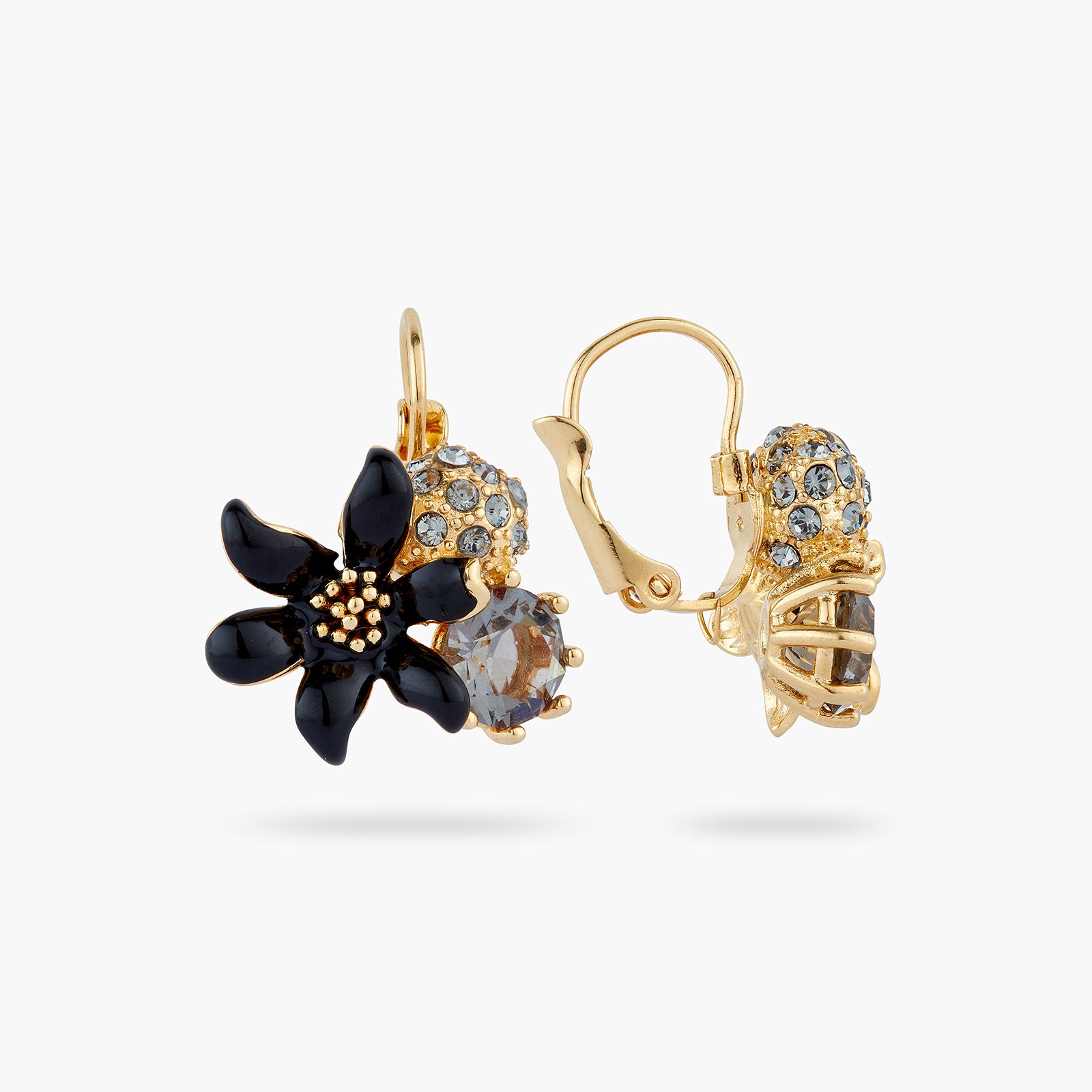 Black lily and Sphere paved with crystal sleeper earrings