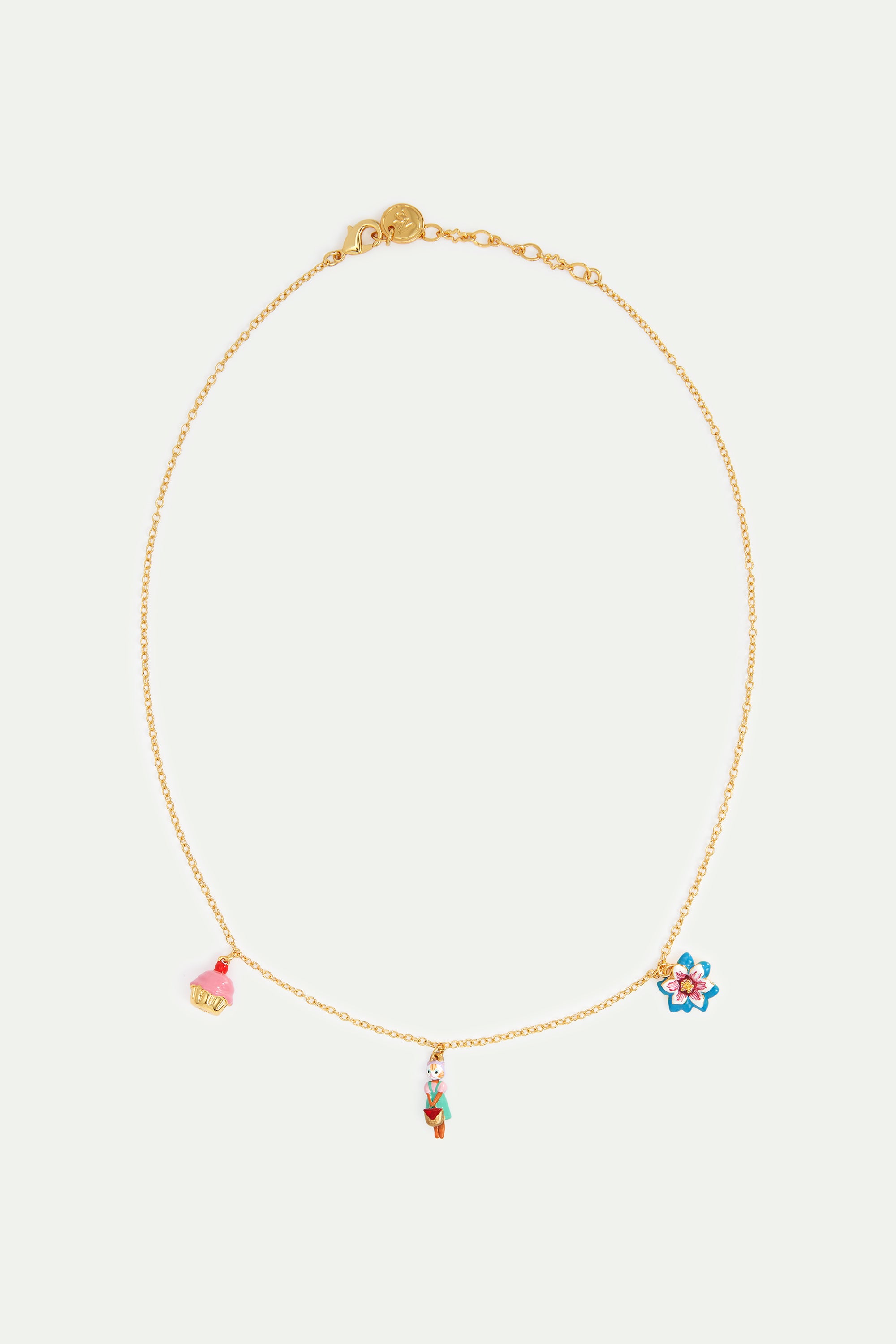 Ginger cat, blue flower and pastry pendant necklace