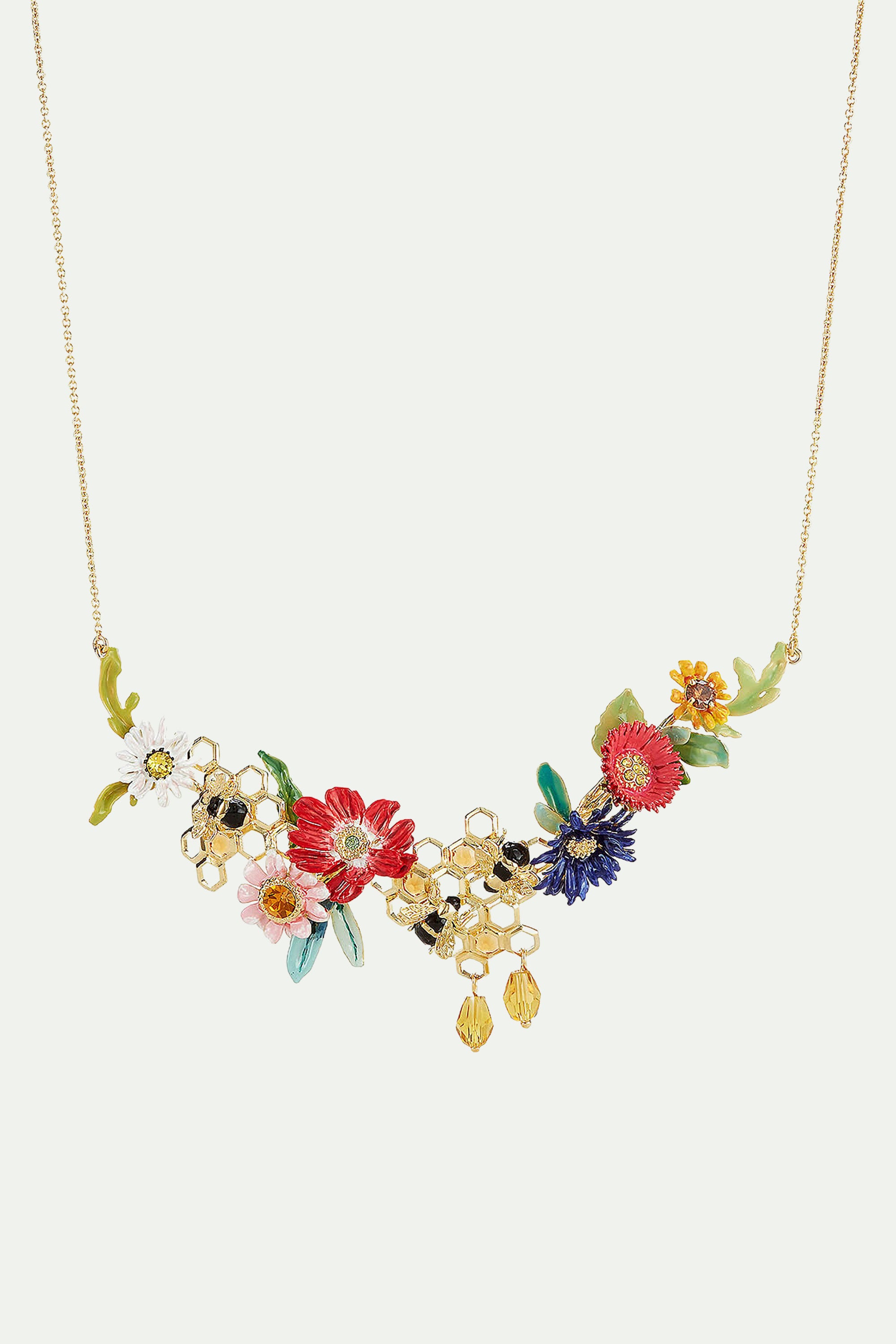 Flowers and bees on honeycombs collar necklace