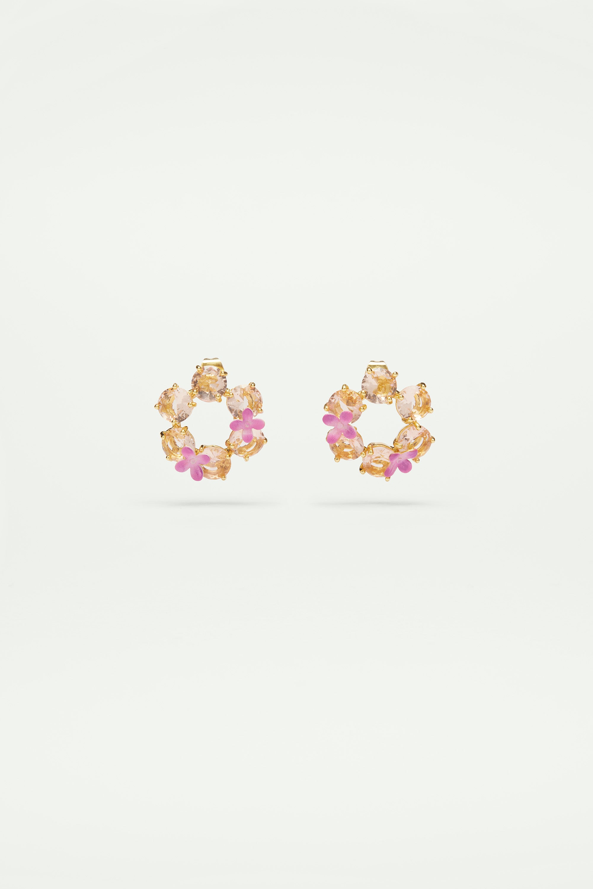 Apricot pink diamantine flower and 6 round stone earrings