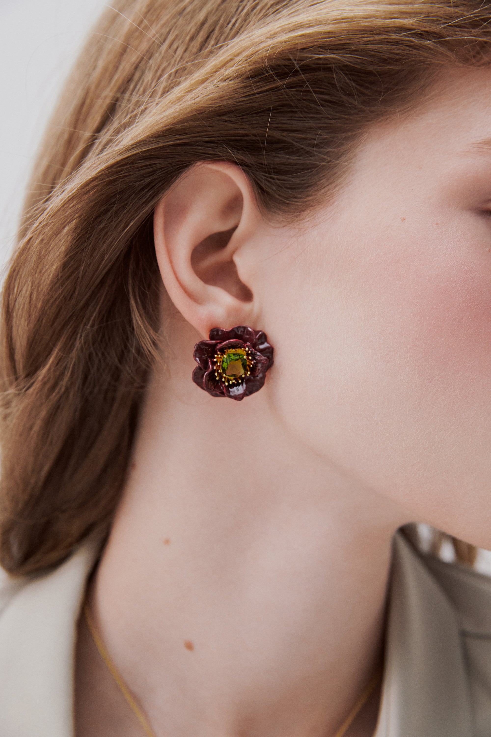 Burgundy anemone flower and green faceted stone earrings