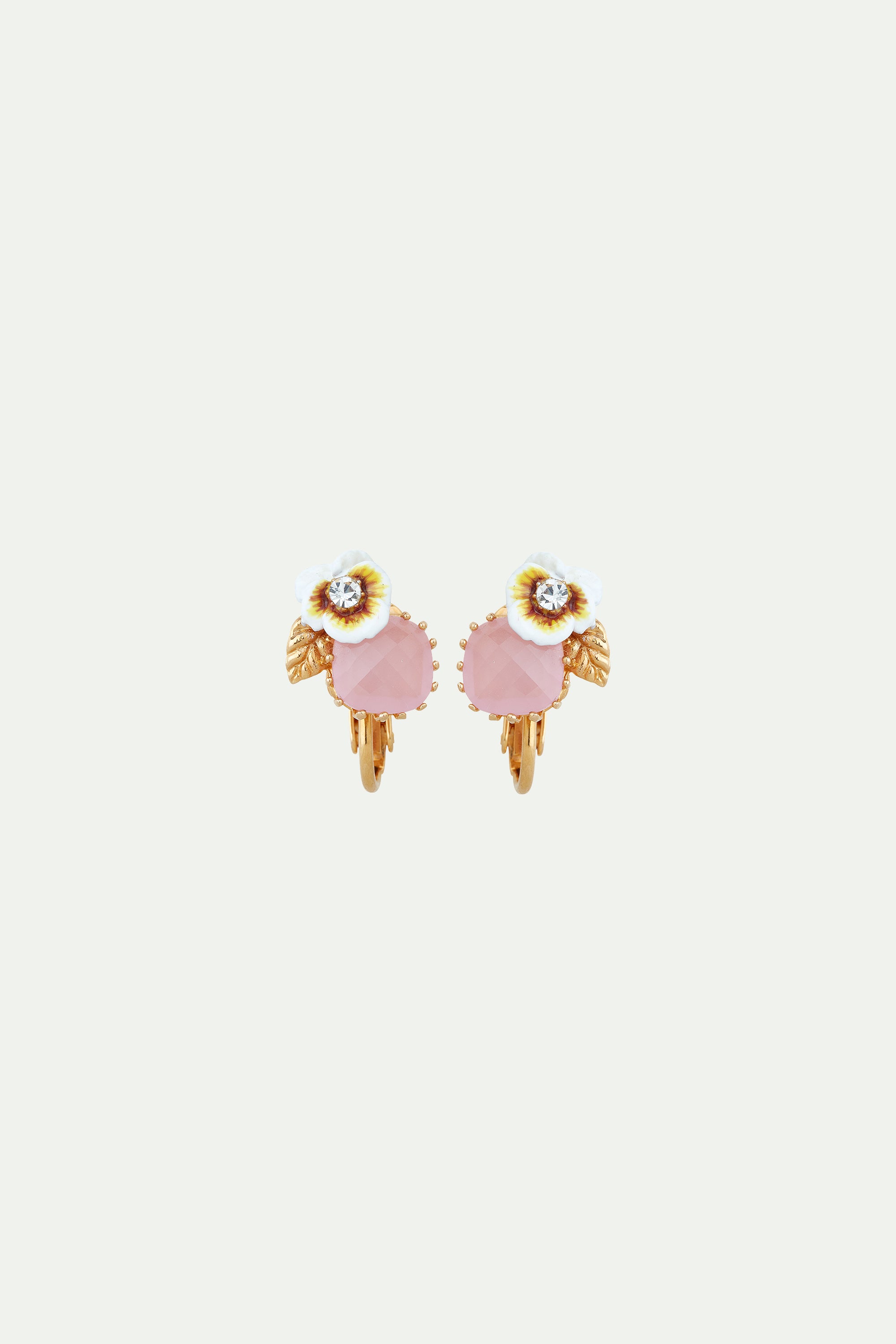 White pansy and crystal clip-on earrings