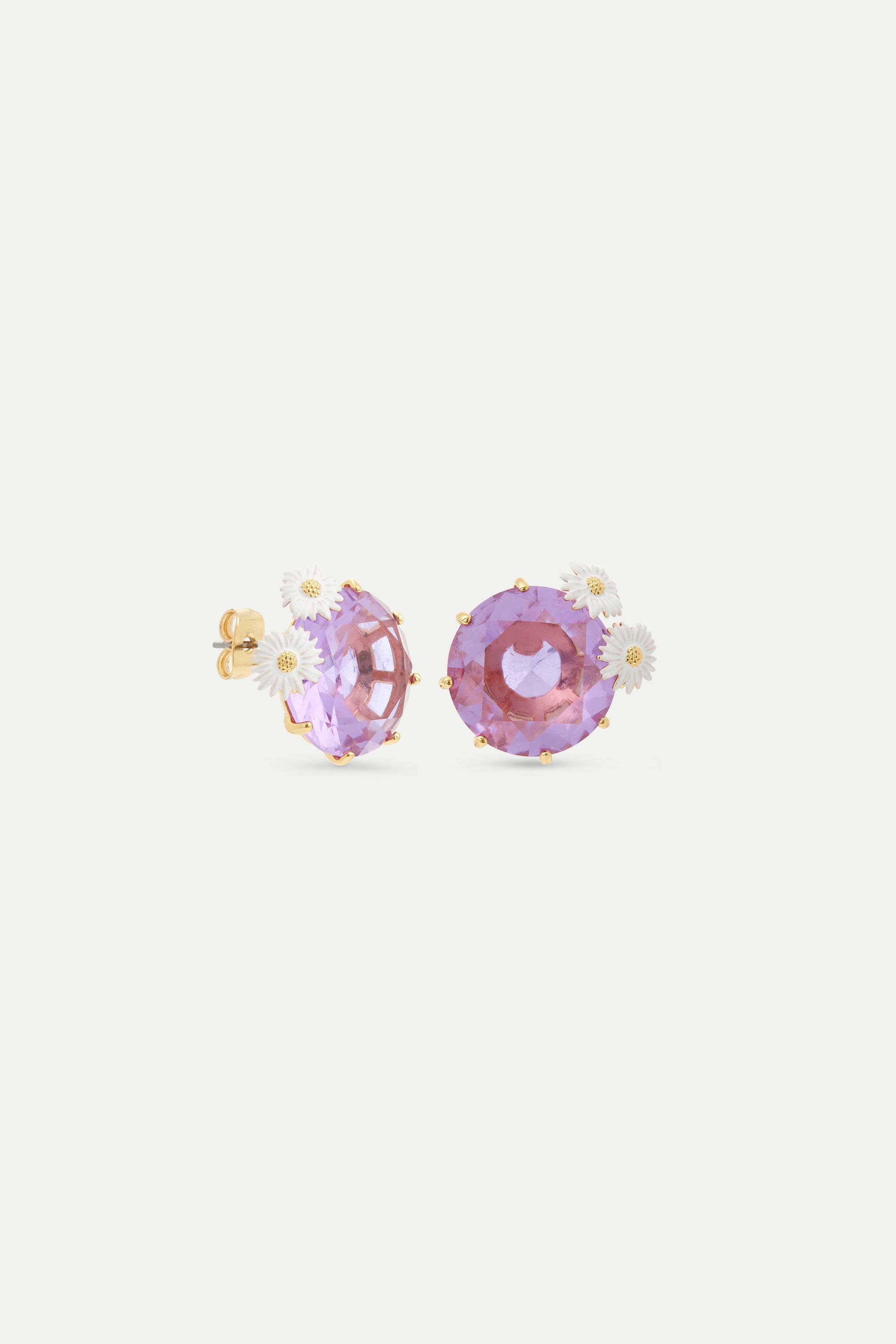 Lavender Diamantine round stone sleeper earrings with daisies