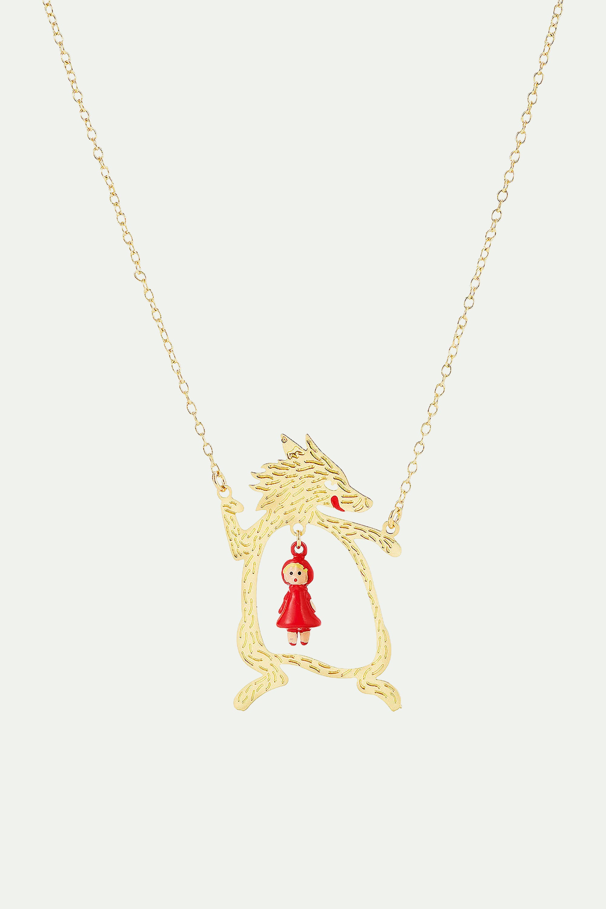 Golden Big Bad Wolf and Little Red Riding Hood pendant necklace