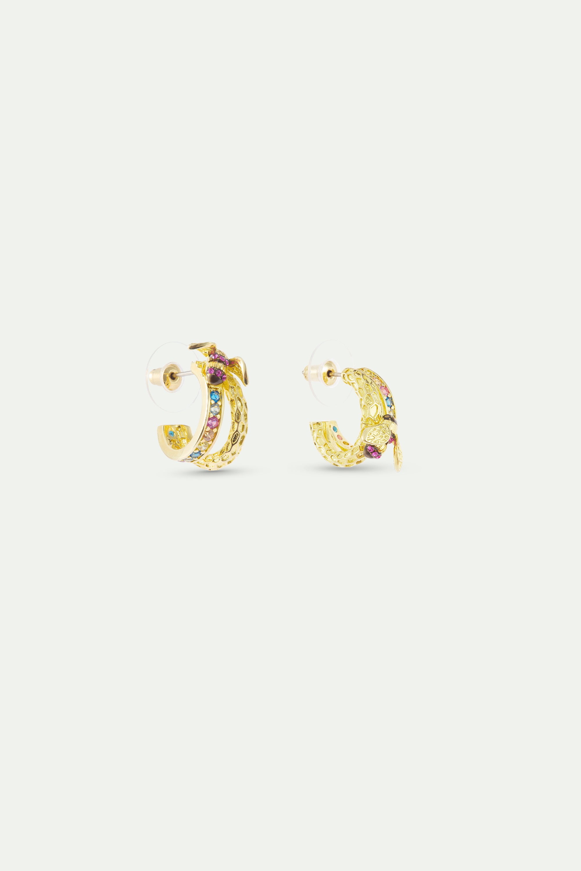 Gold hoop earrings with bee and multicoloured stones