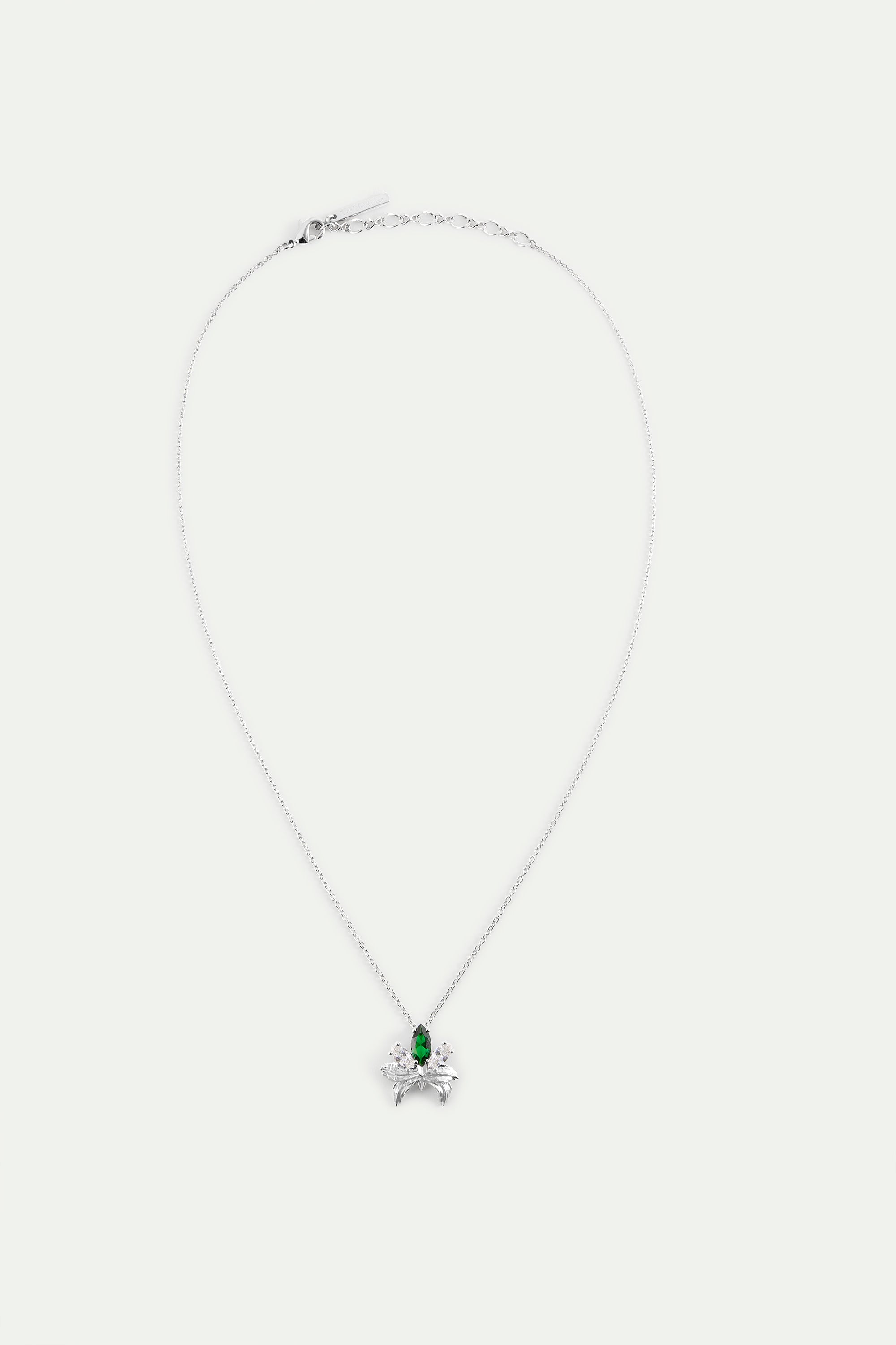Silver pendant necklace with orchid, green and white stones