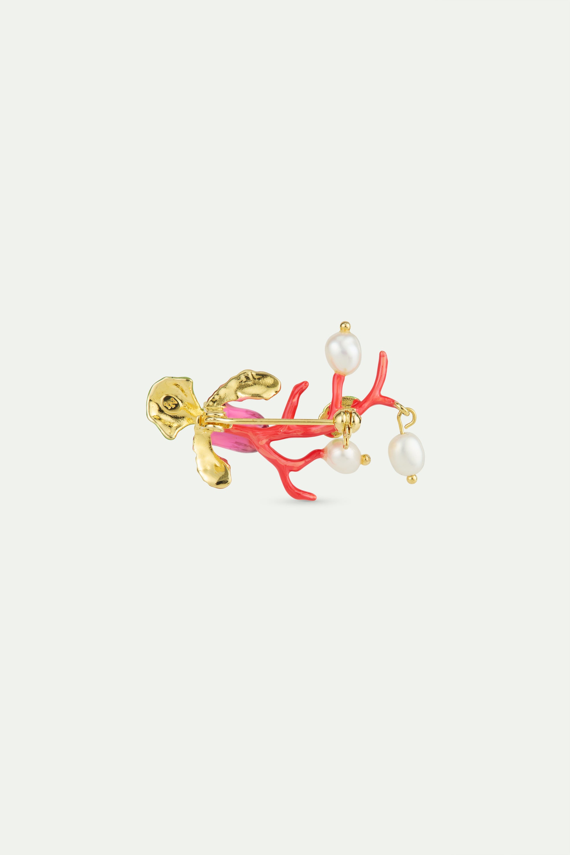 Purple lady's slipper orchid brooch with red coral, green rose chafer and cultured pearls