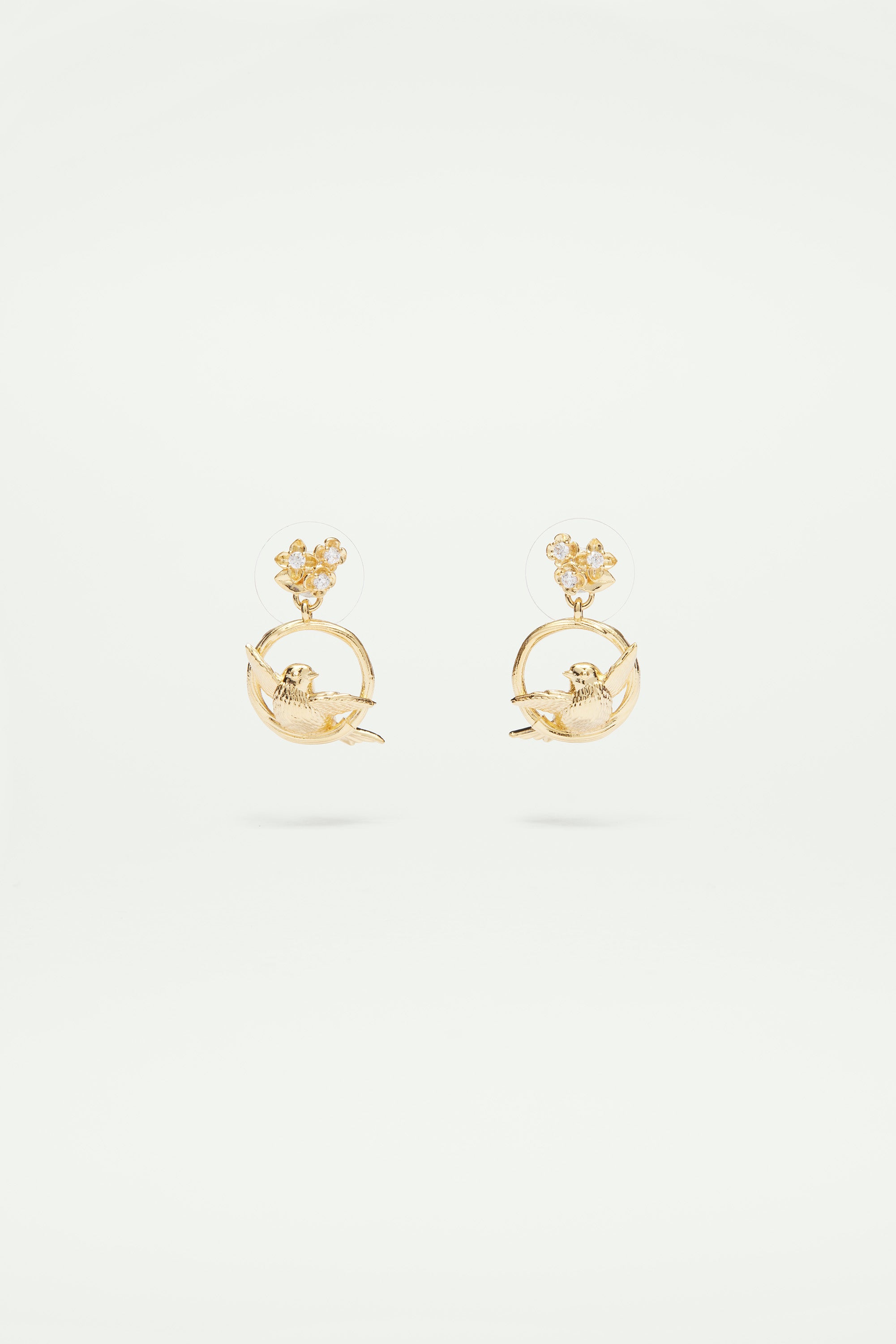 Bird, flower and crystal dangling earrings