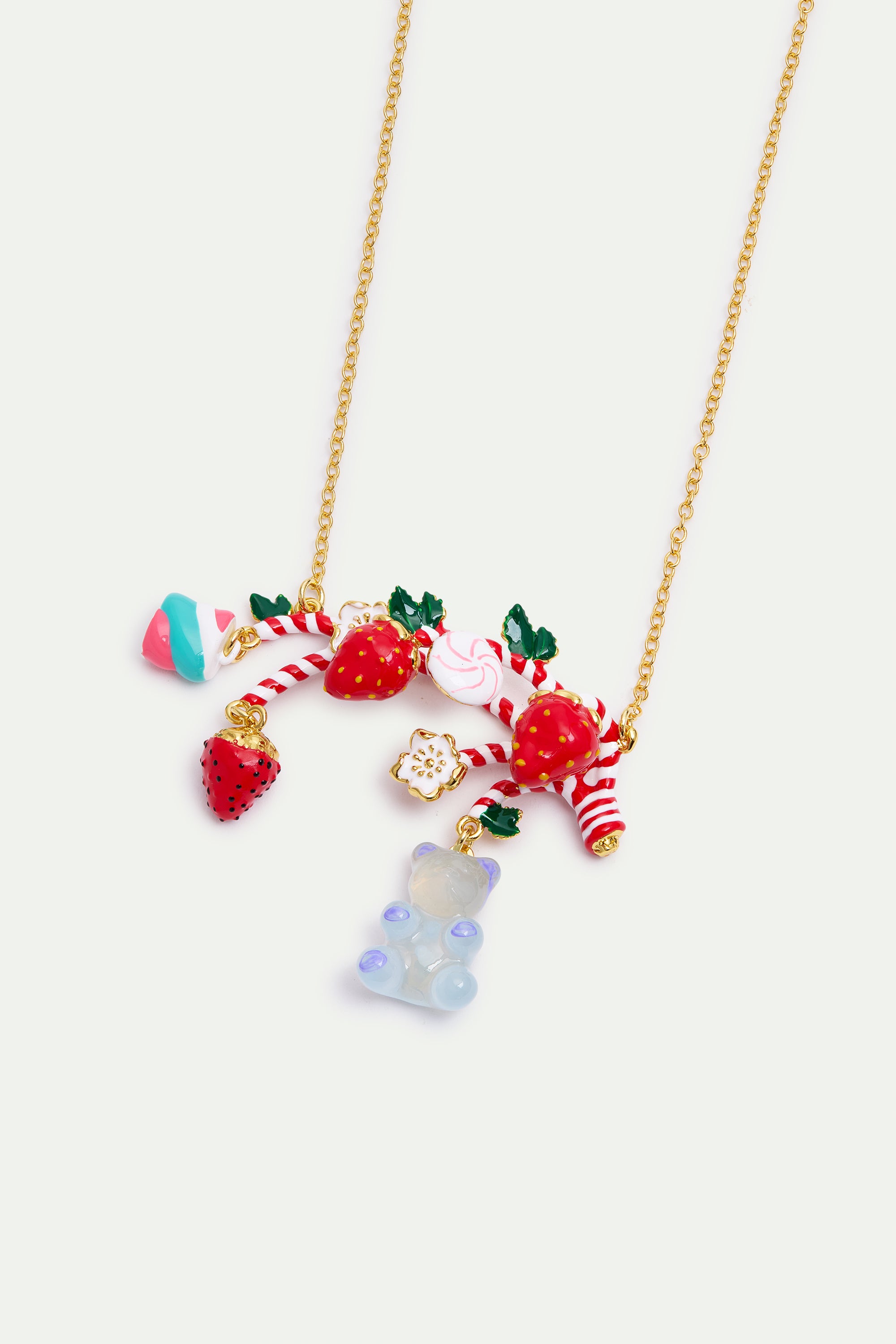 Statement necklace with candy cane, strawberry, marshmallow, blue teddy bear sweet and white flowers