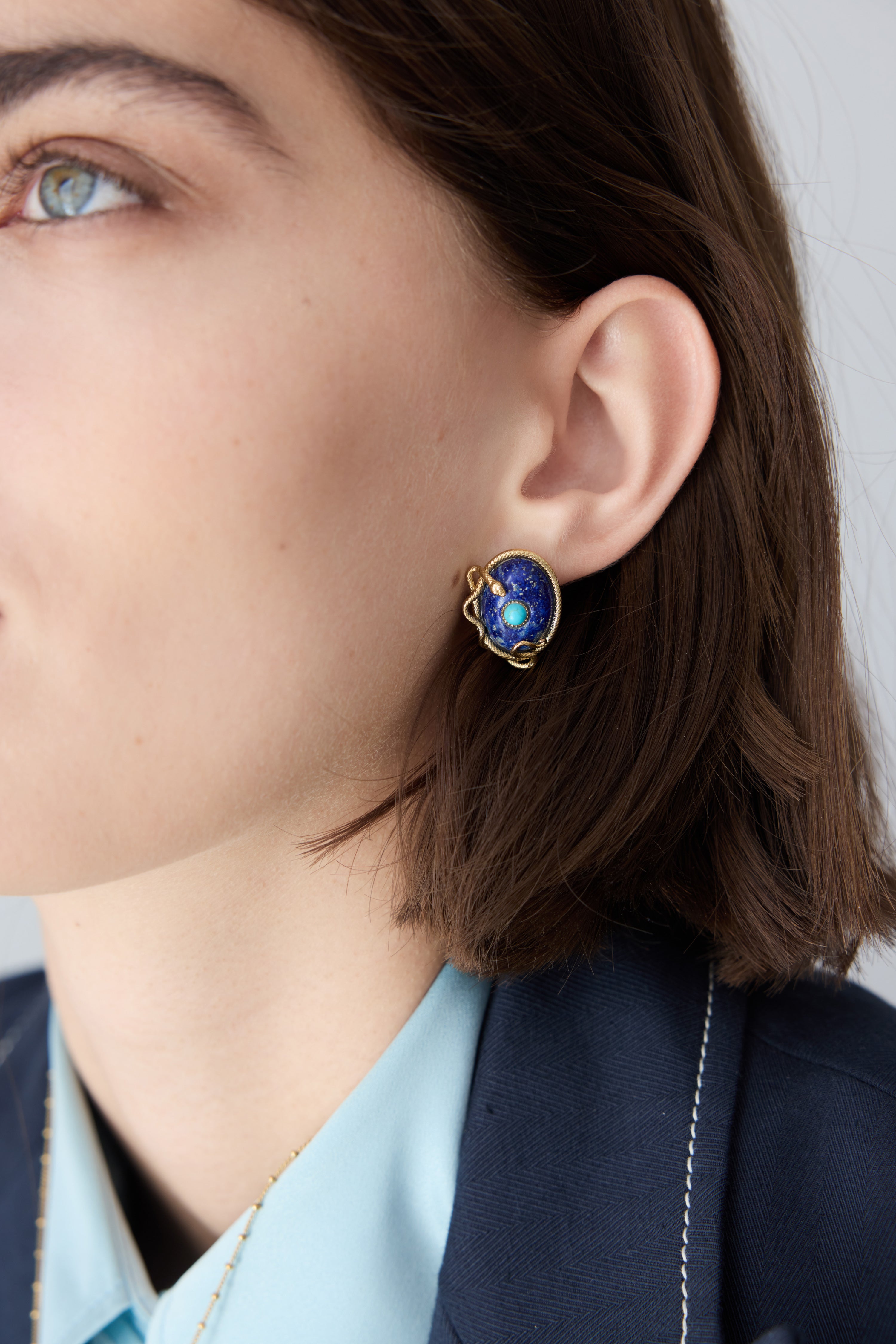 Lapis lazuli, turquoise and gold snake earrings
