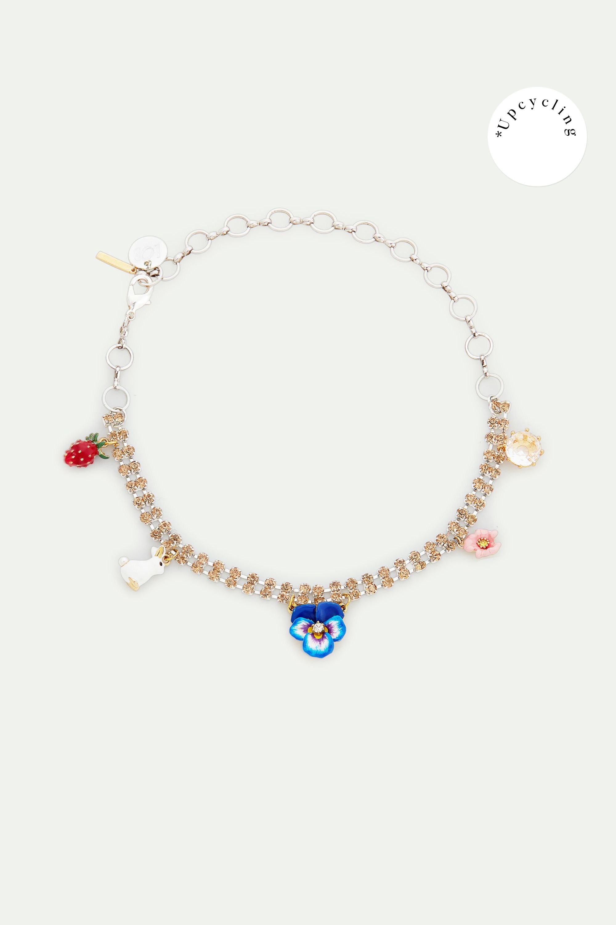 Rhinestones, pansy and rabbit choker necklace