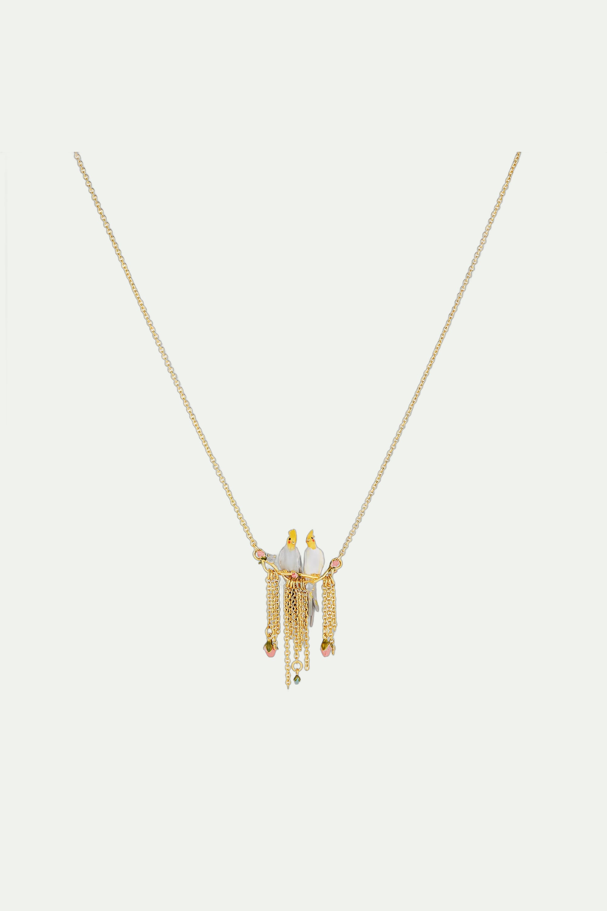 Duo of Cockatiel and Rosebuds statement necklace