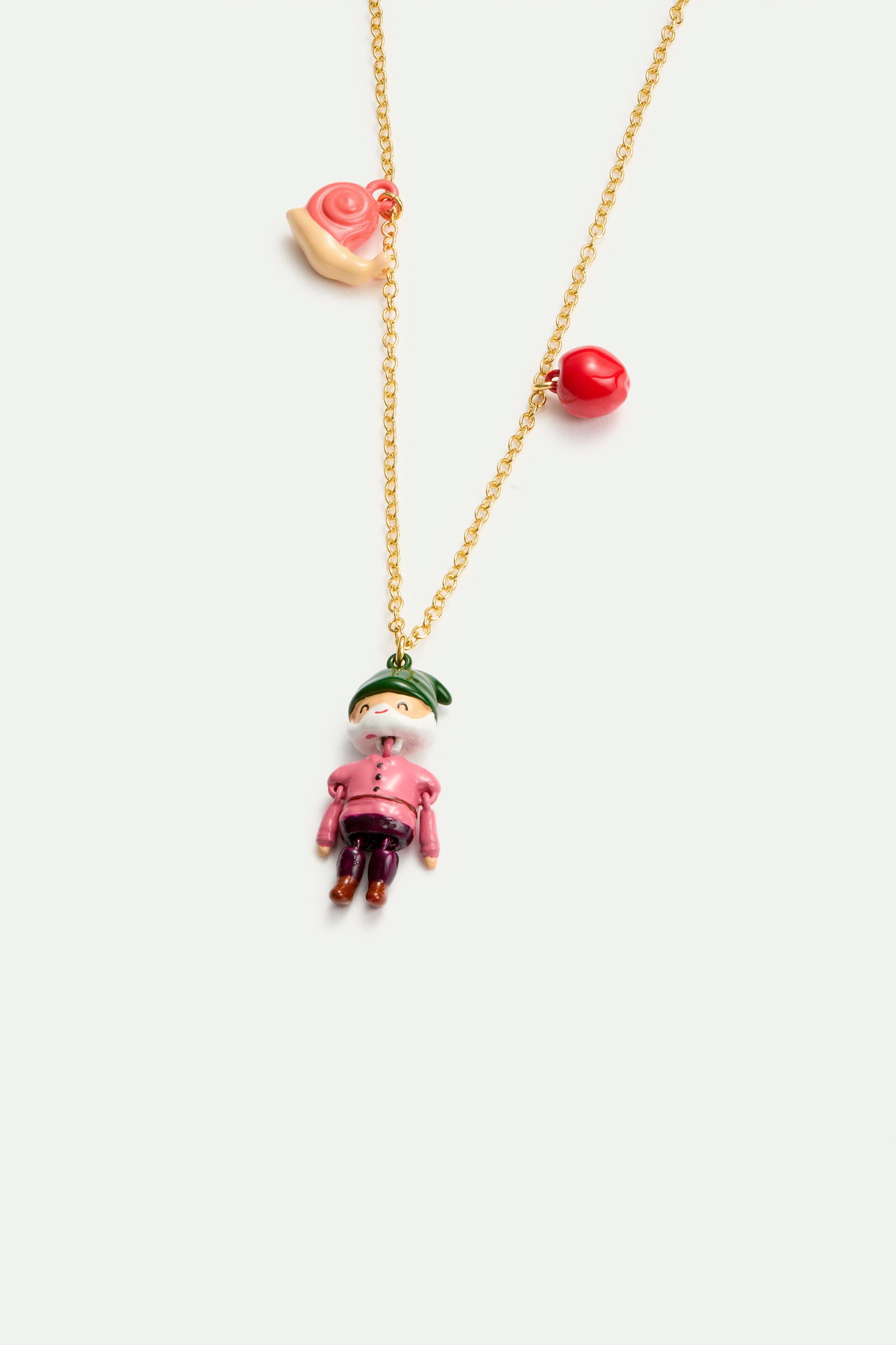 Dwarf, apple and snail pendant necklace