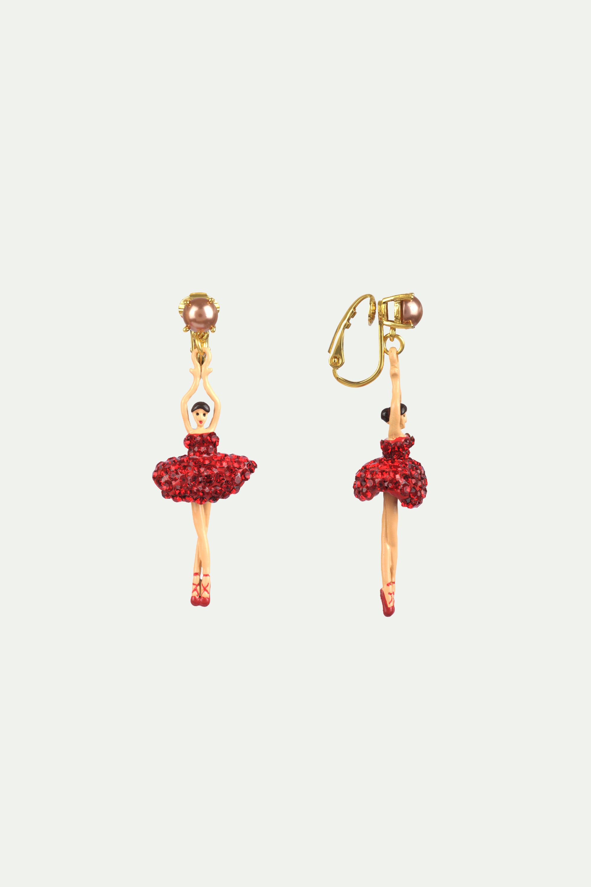 Clip on earrings toe-dancing ballerina with tutu paved with red rhinestones