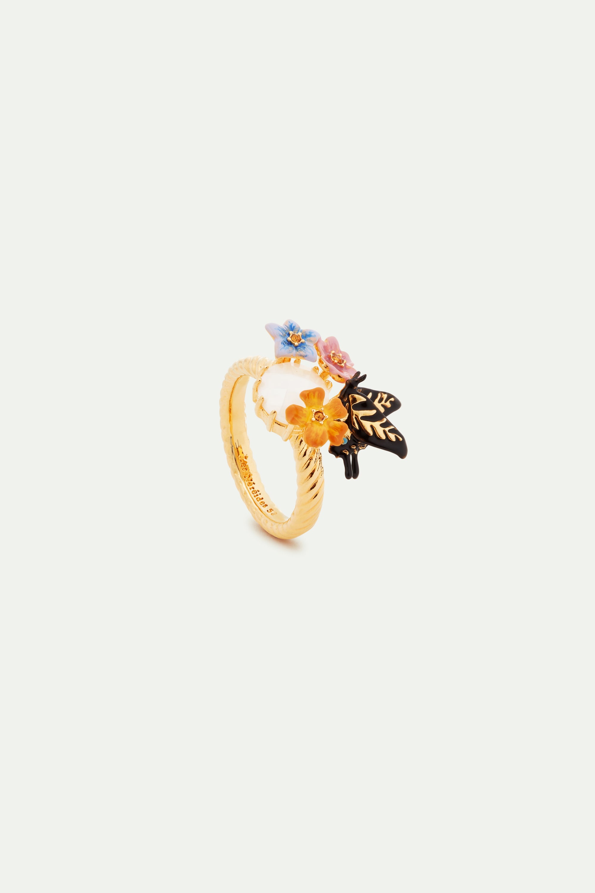 Butterfly, 3 colourful jasmine flowers and faceted stone cocktail ring