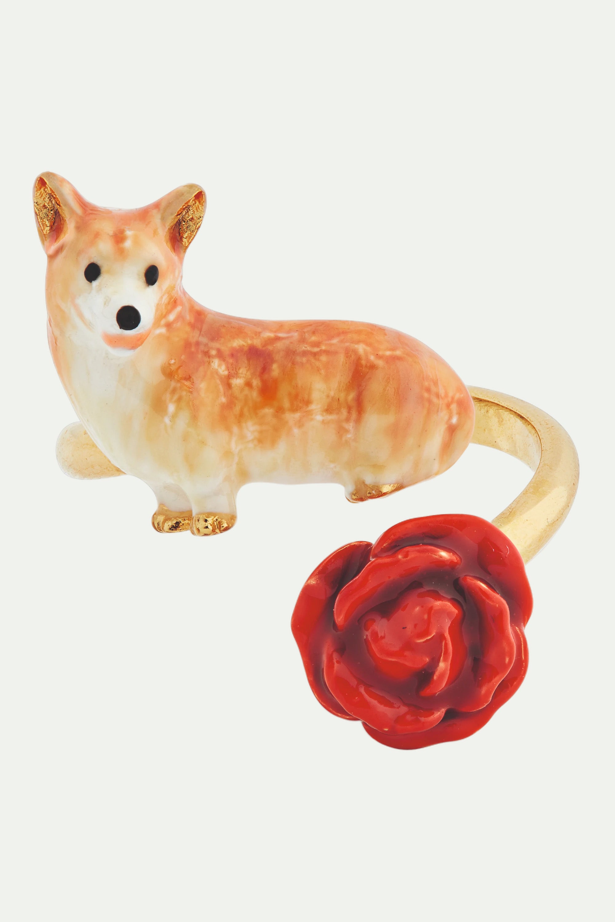 Corgi and red rose adjustable ring