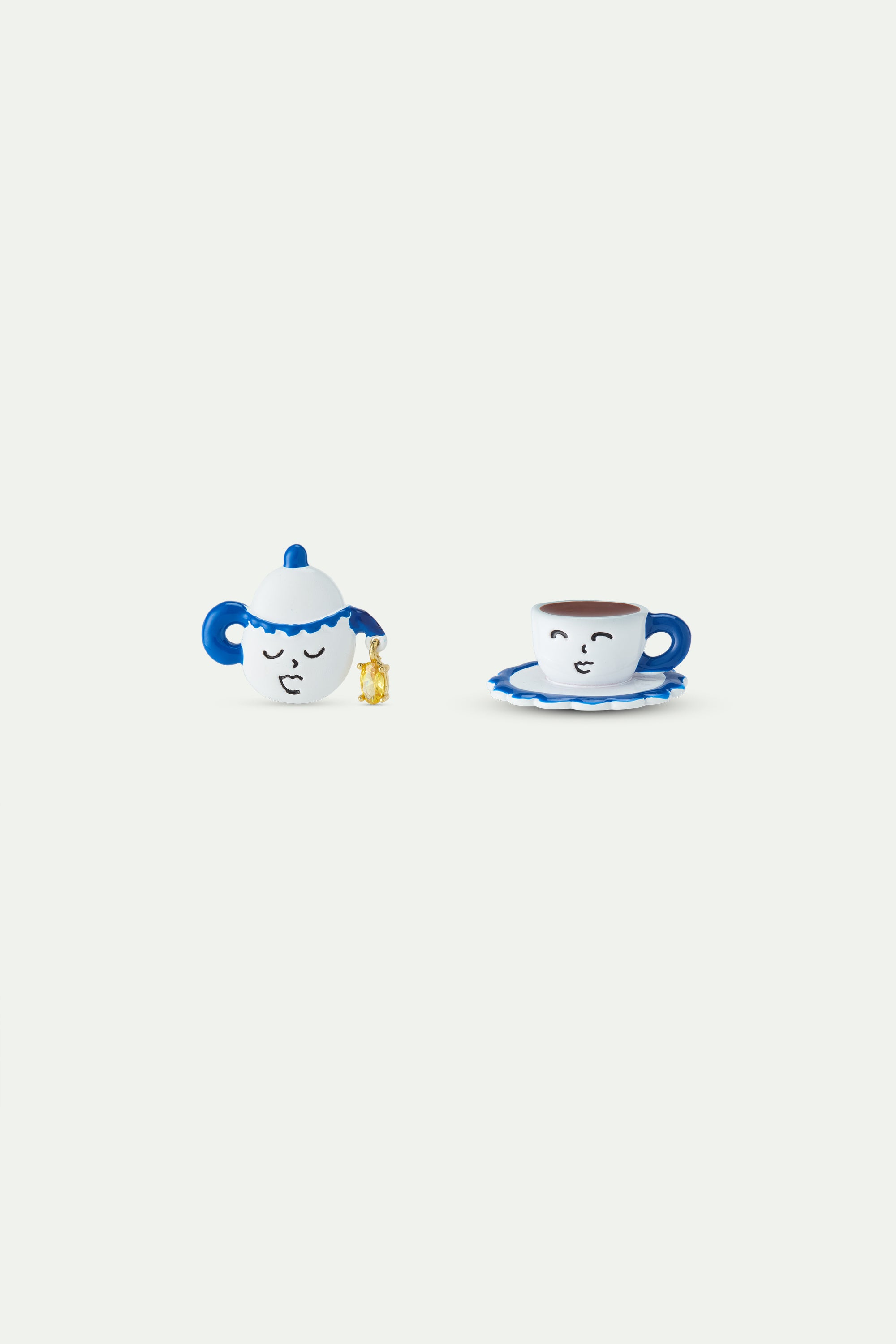 Asymmetric post earrings with blue and white teapot and little yellow stone
