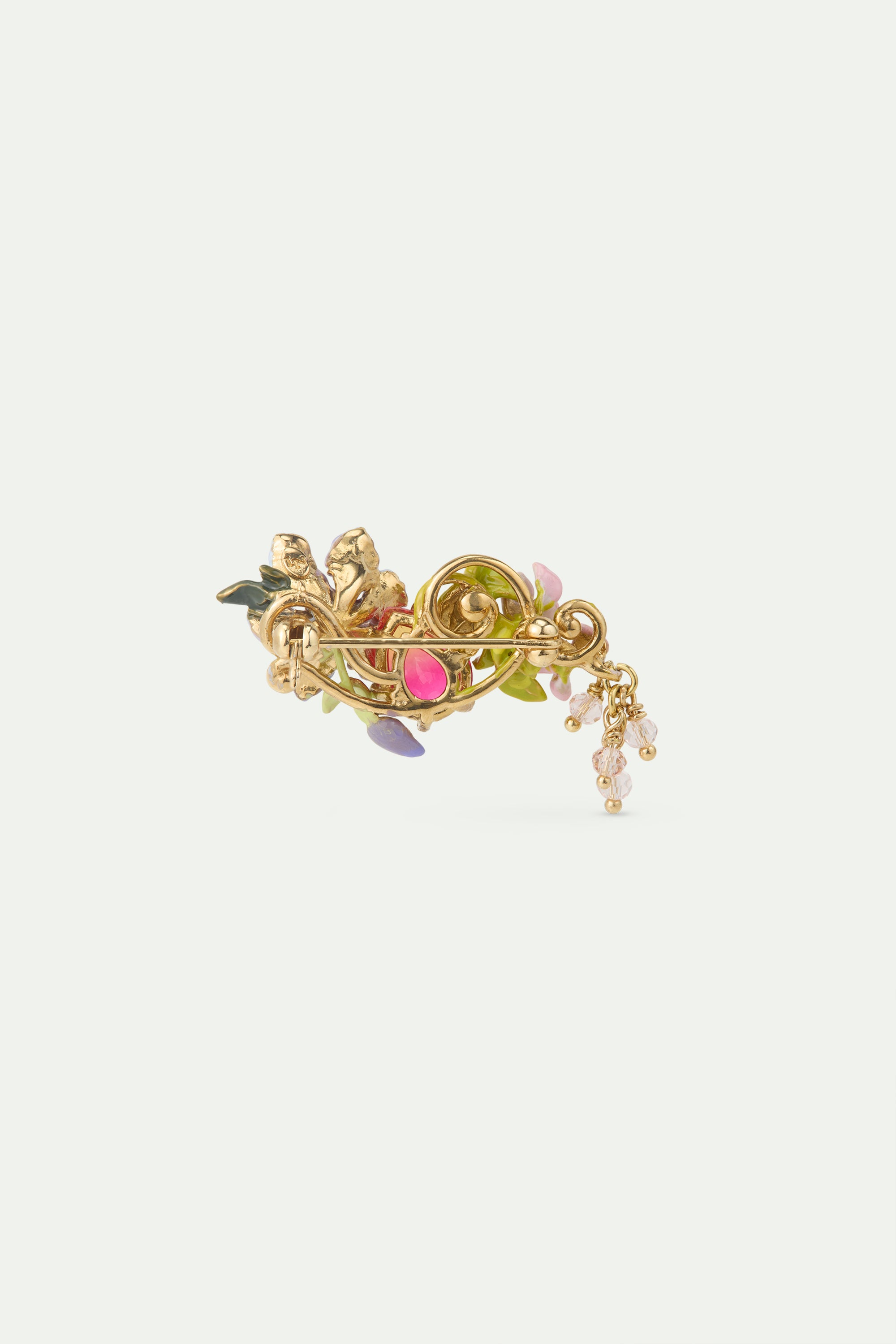 Brooch with purple clematis, two-tone faceted glass, ivy, pink and purple wisteria and dangling faceted crystal beads