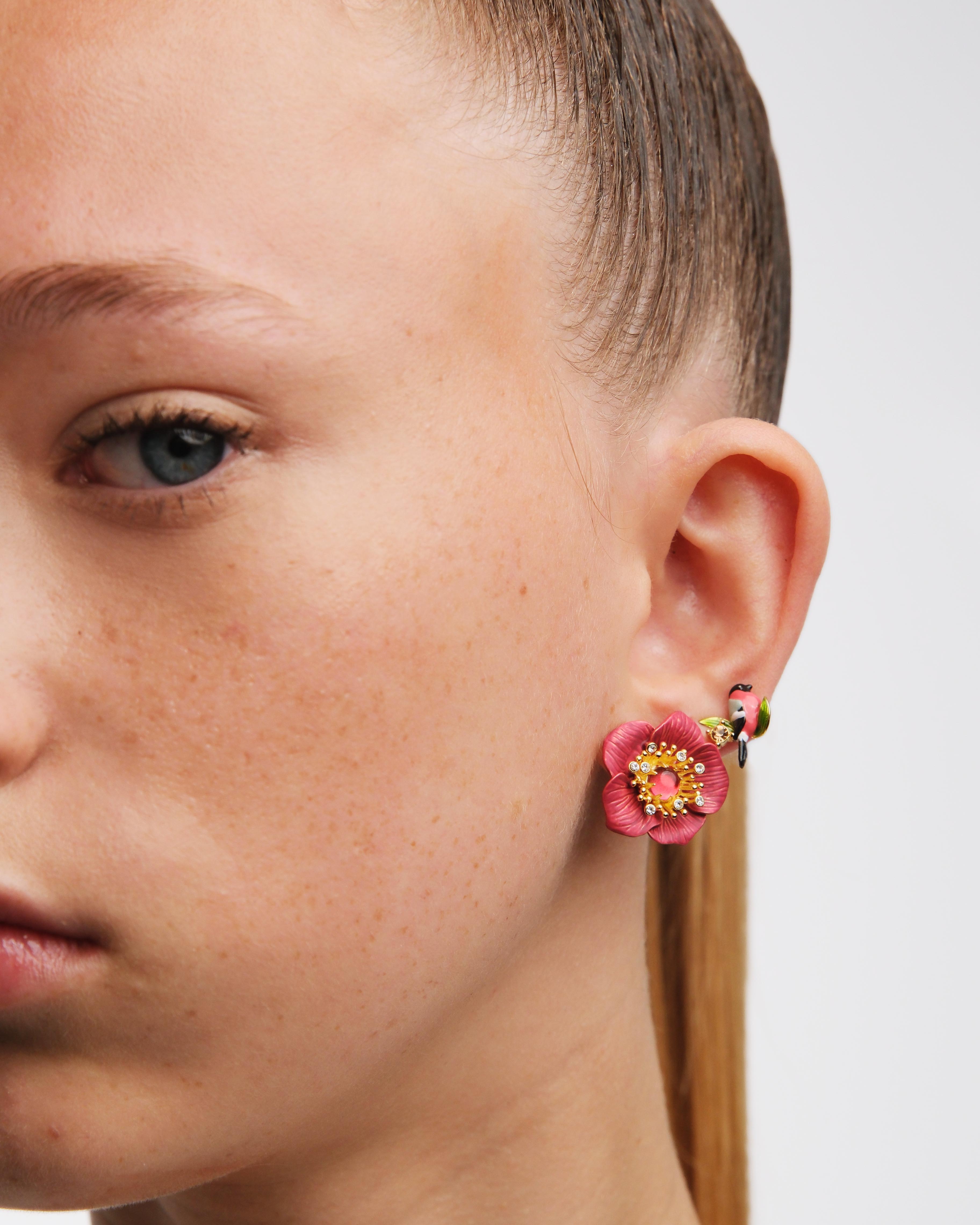 Asymmetrical pink hellebore and red bird post earrings