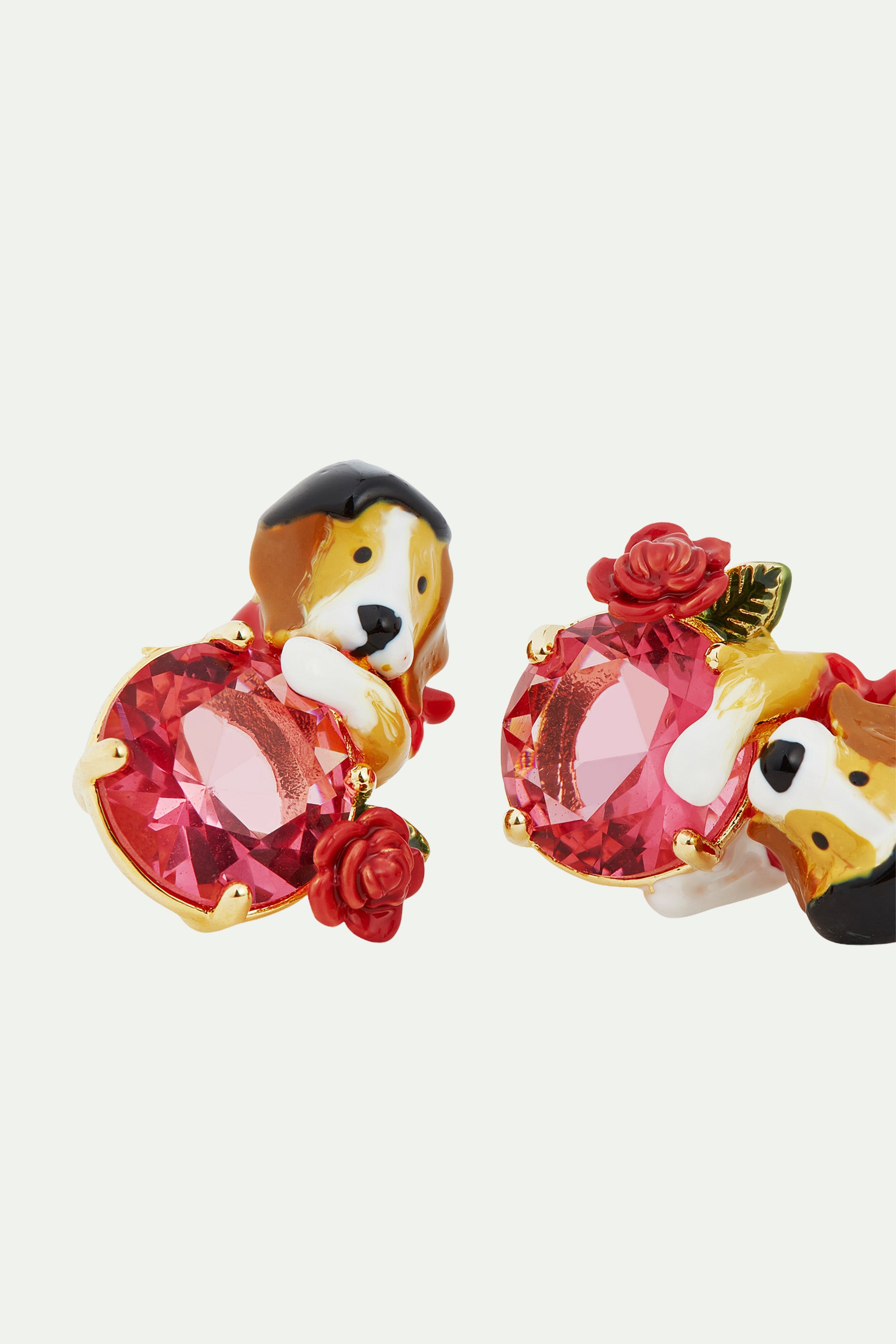 Beagle and pink cut glass stone post earrings