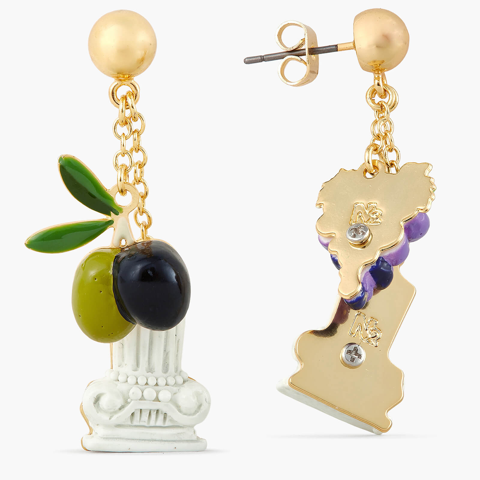 Column, grapes and olive clip-on earrings