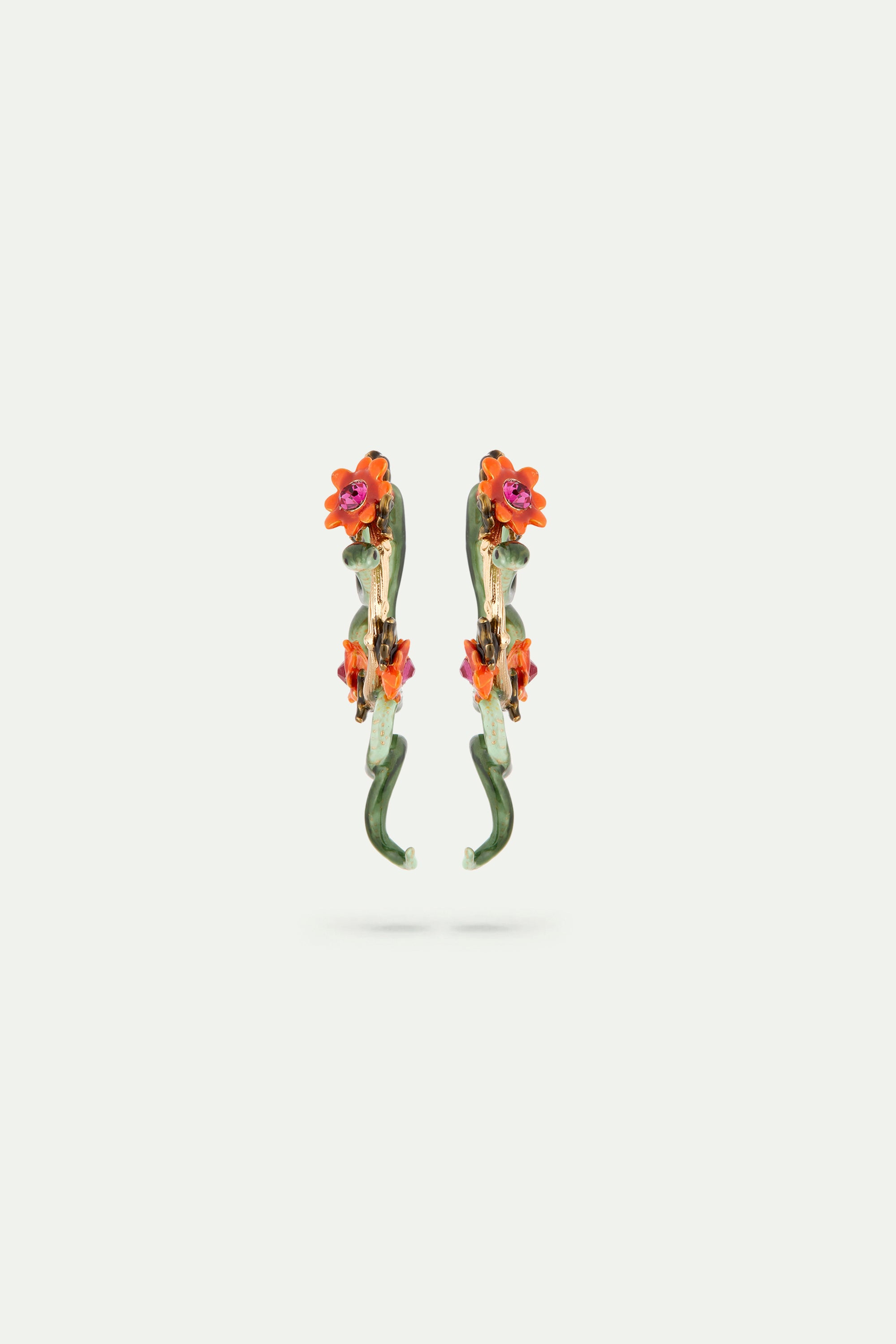 Green snake and dahlia flower earrings