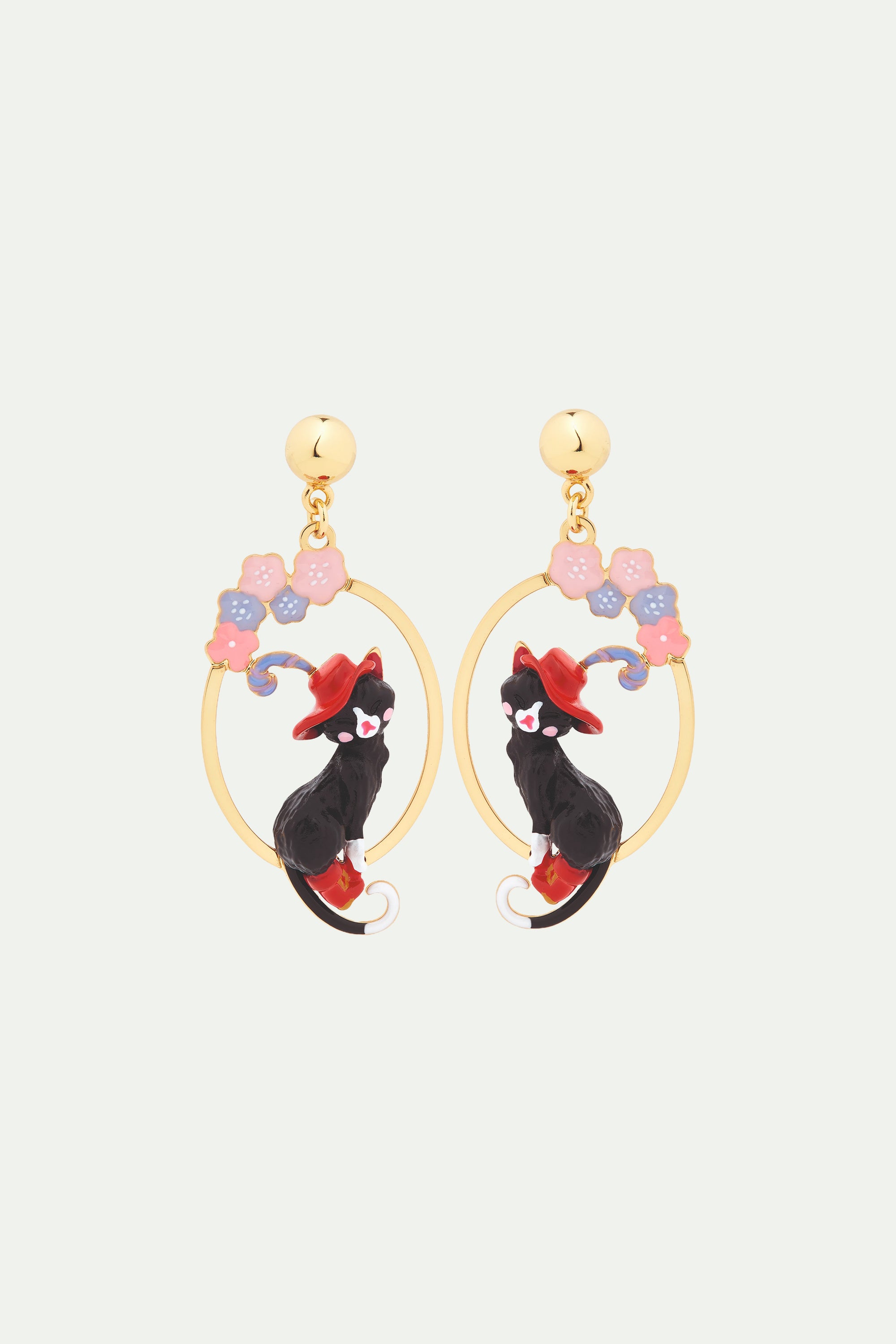 Charming cat and flower post hoop earrings