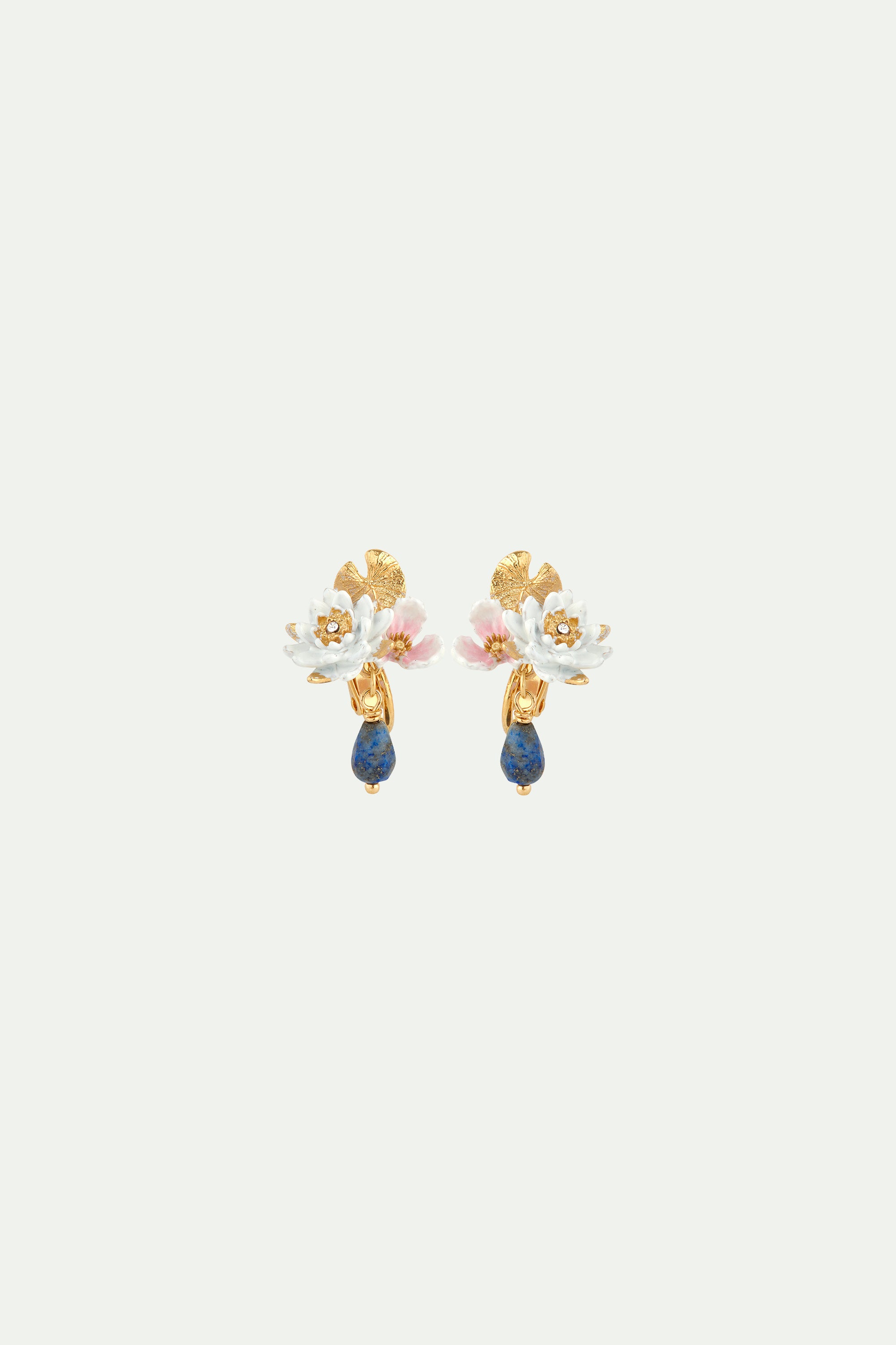 White water lily and lapis lazuli clip-on earrings