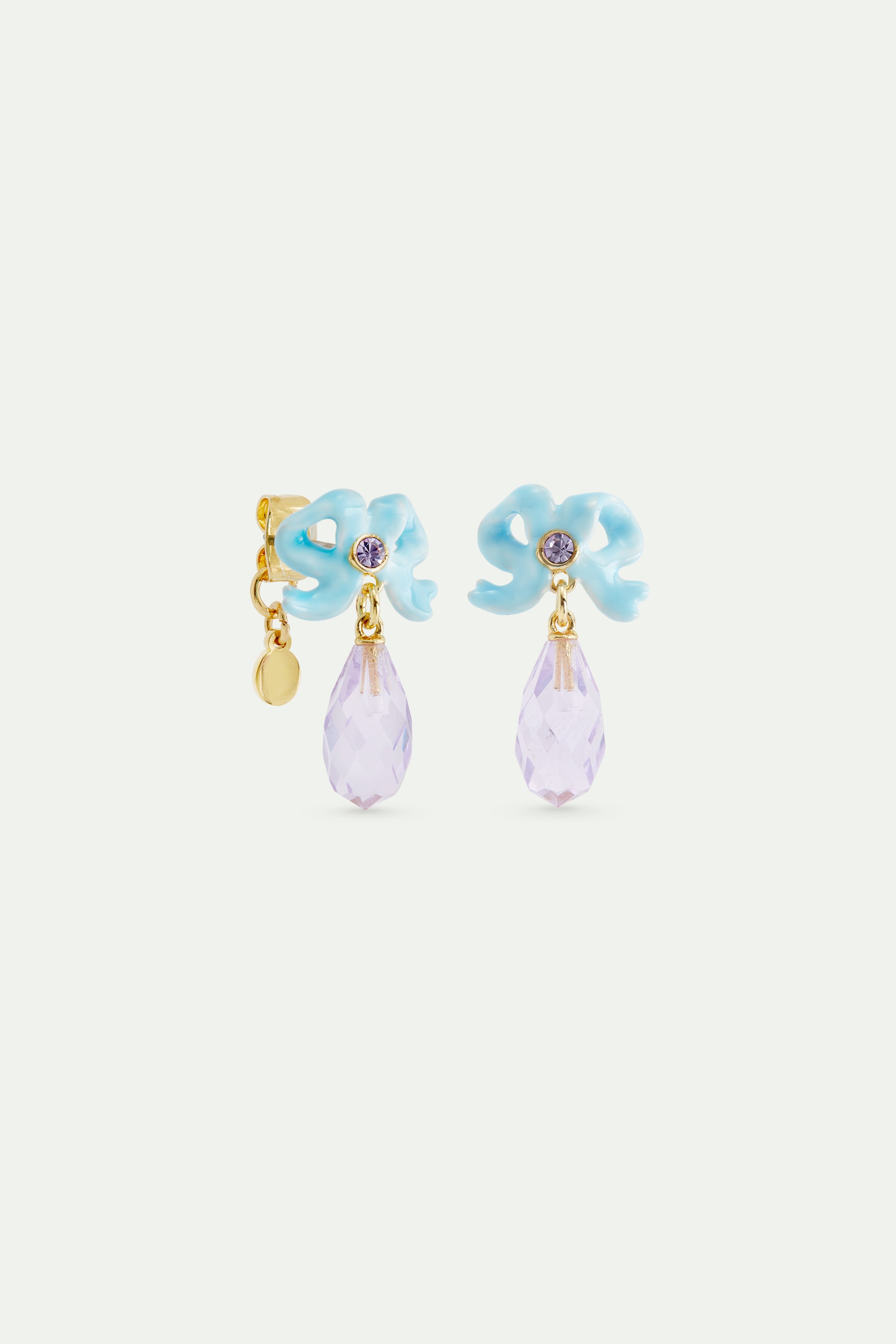 Wedding post earrings with blue ribbon and dangling purple cut stone