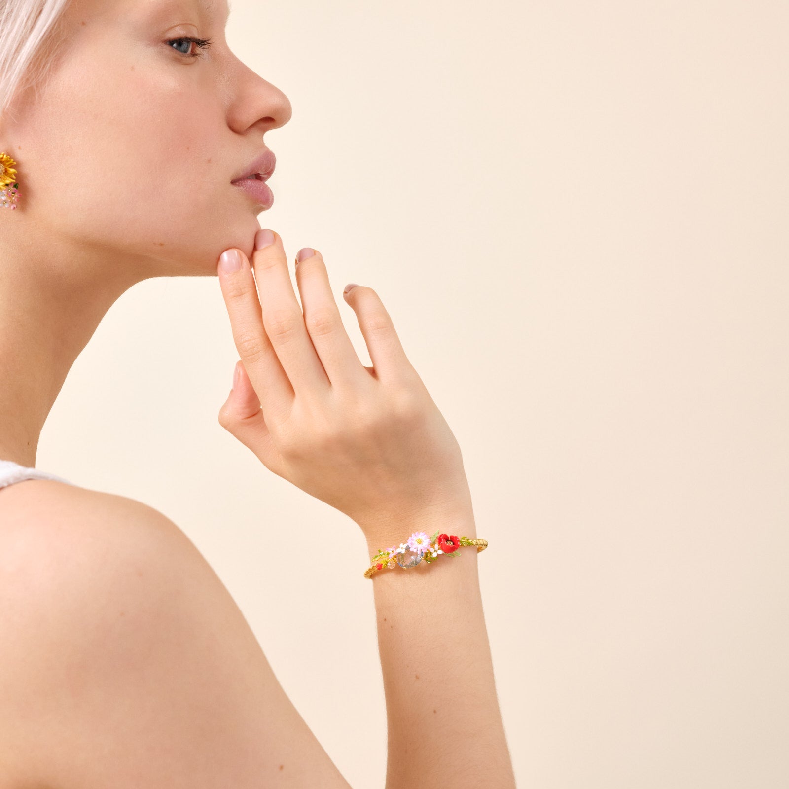 Poppy, daisy and blue cut glass stone bangle bracelet