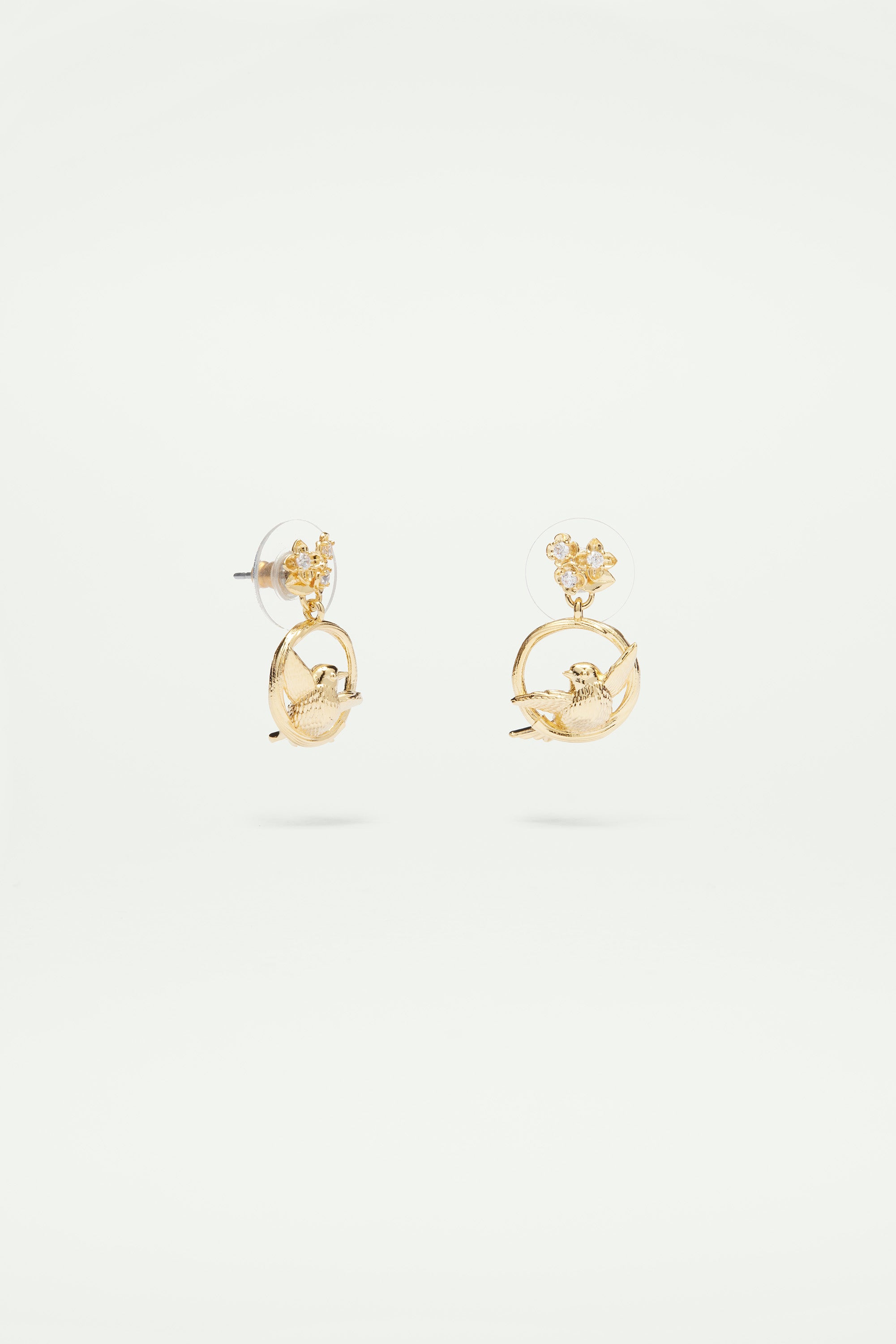 Bird, flower and crystal dangling earrings