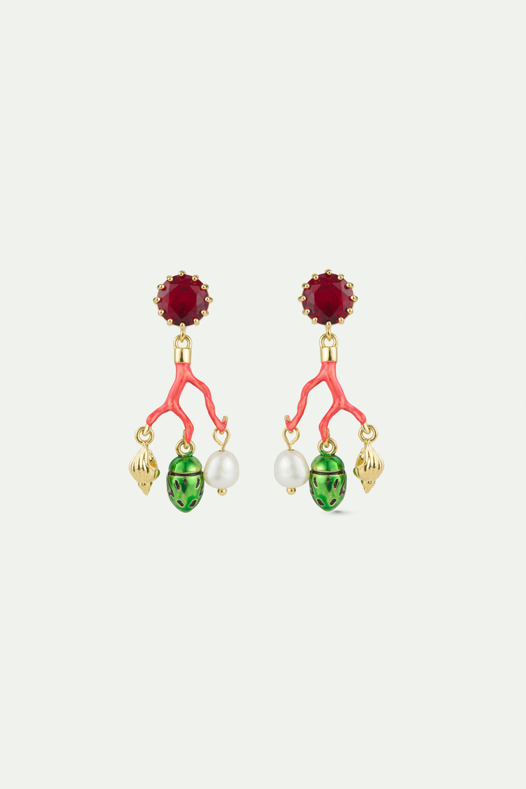 Coral post earrings, red faceted glass, cultured pearl, golden beetle and seashell