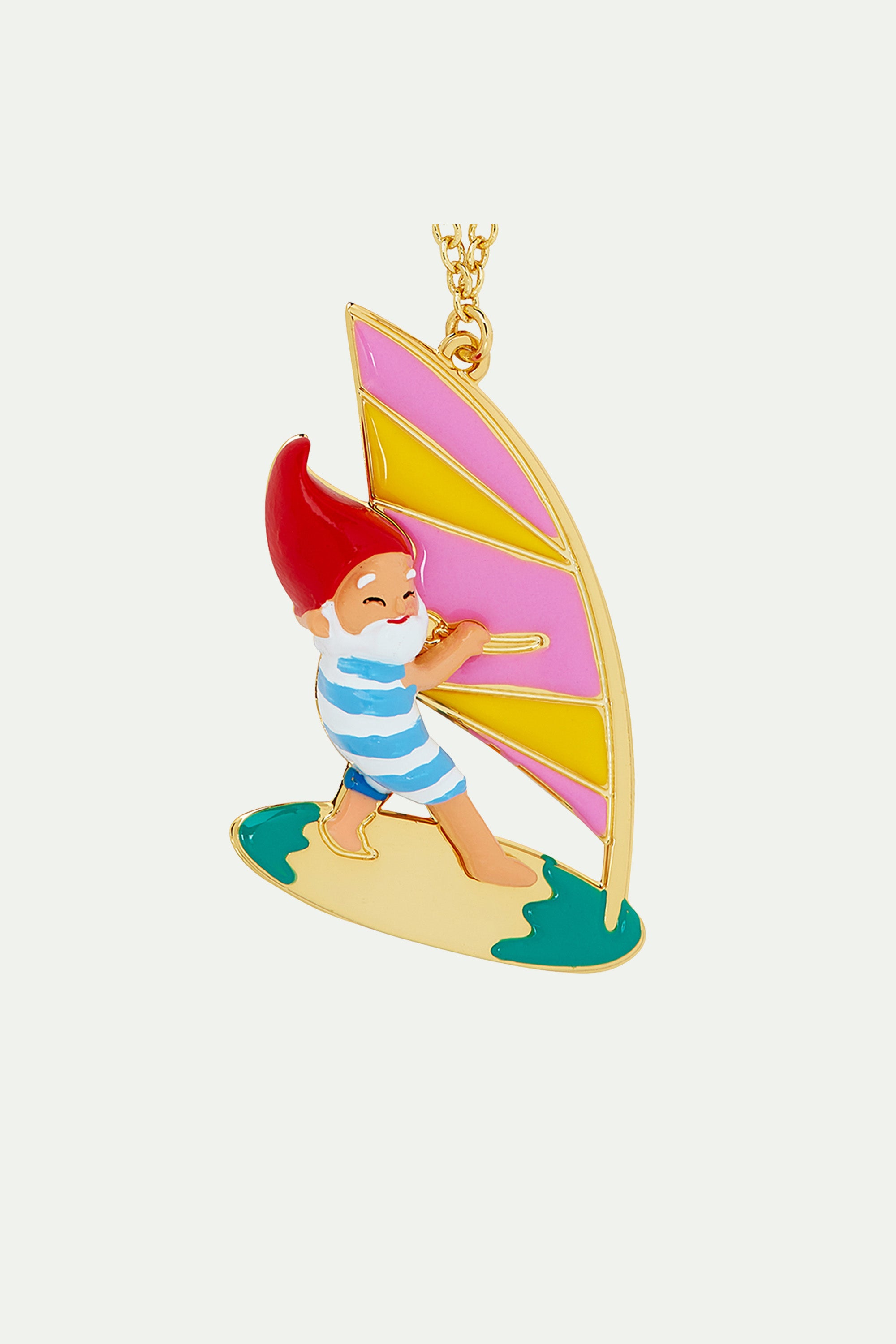 Surfing garden gnome pendant necklace