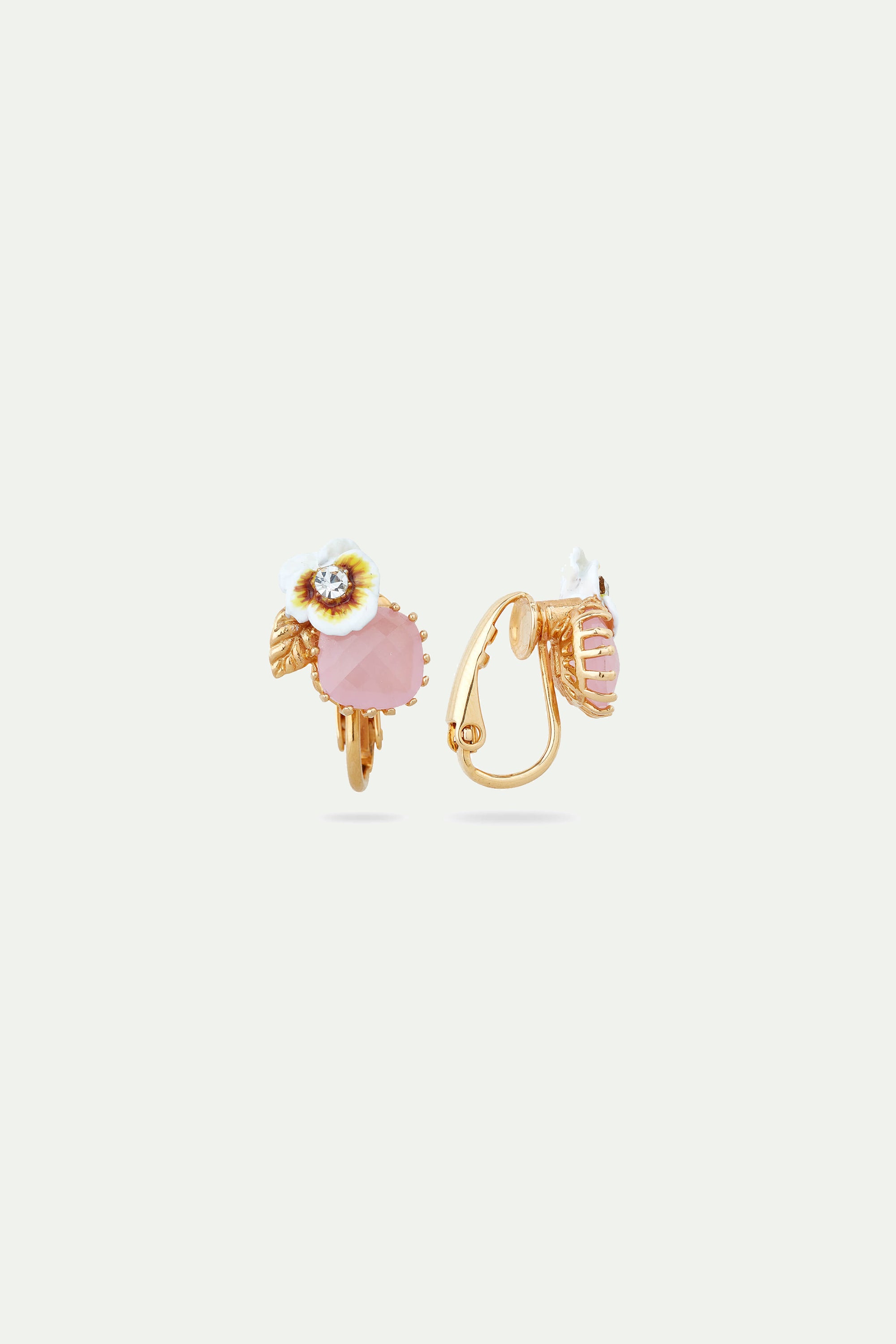 White pansy and crystal clip-on earrings