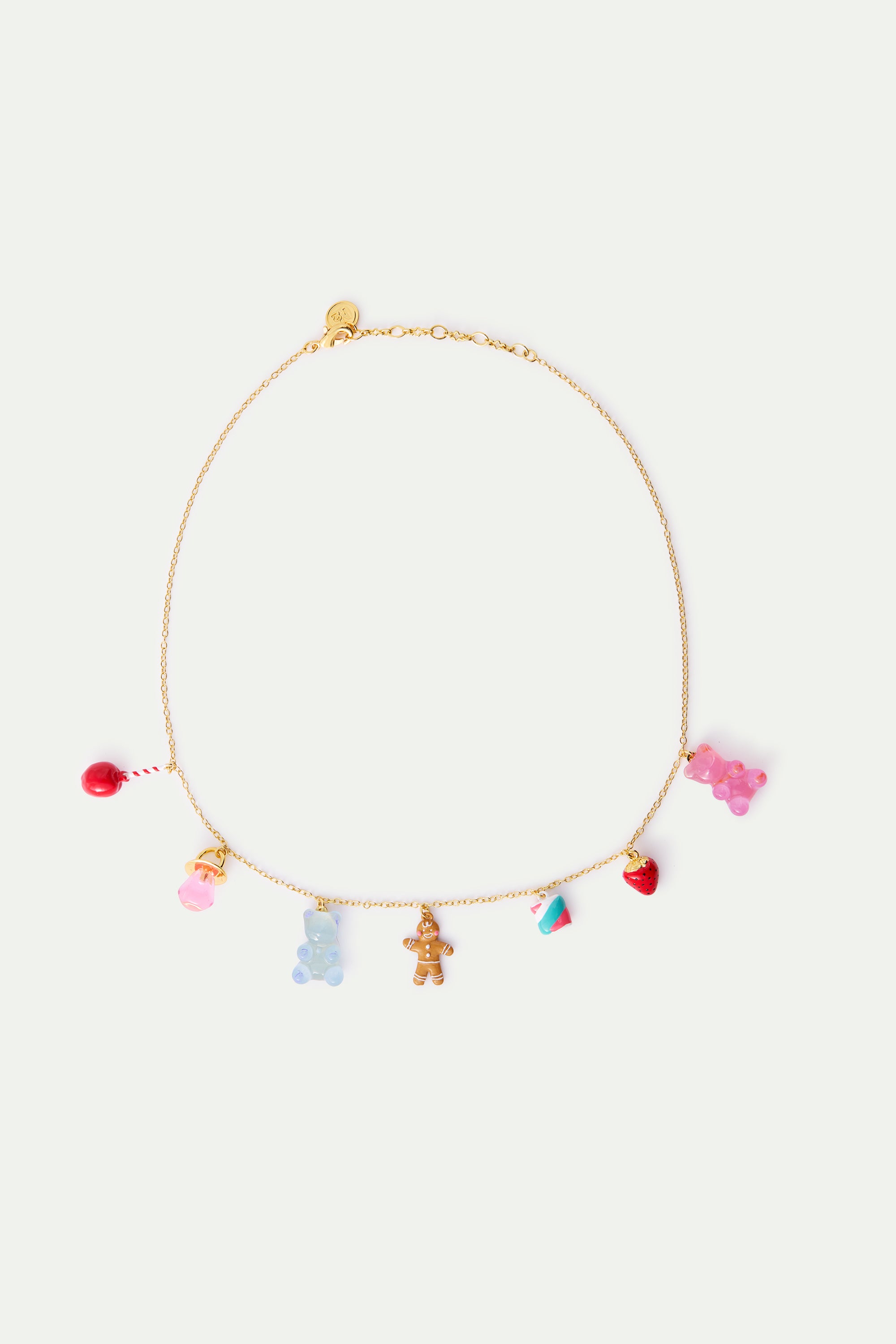 Gingerbread man pendant necklace, marshmallow bear, lollipop and strawberry