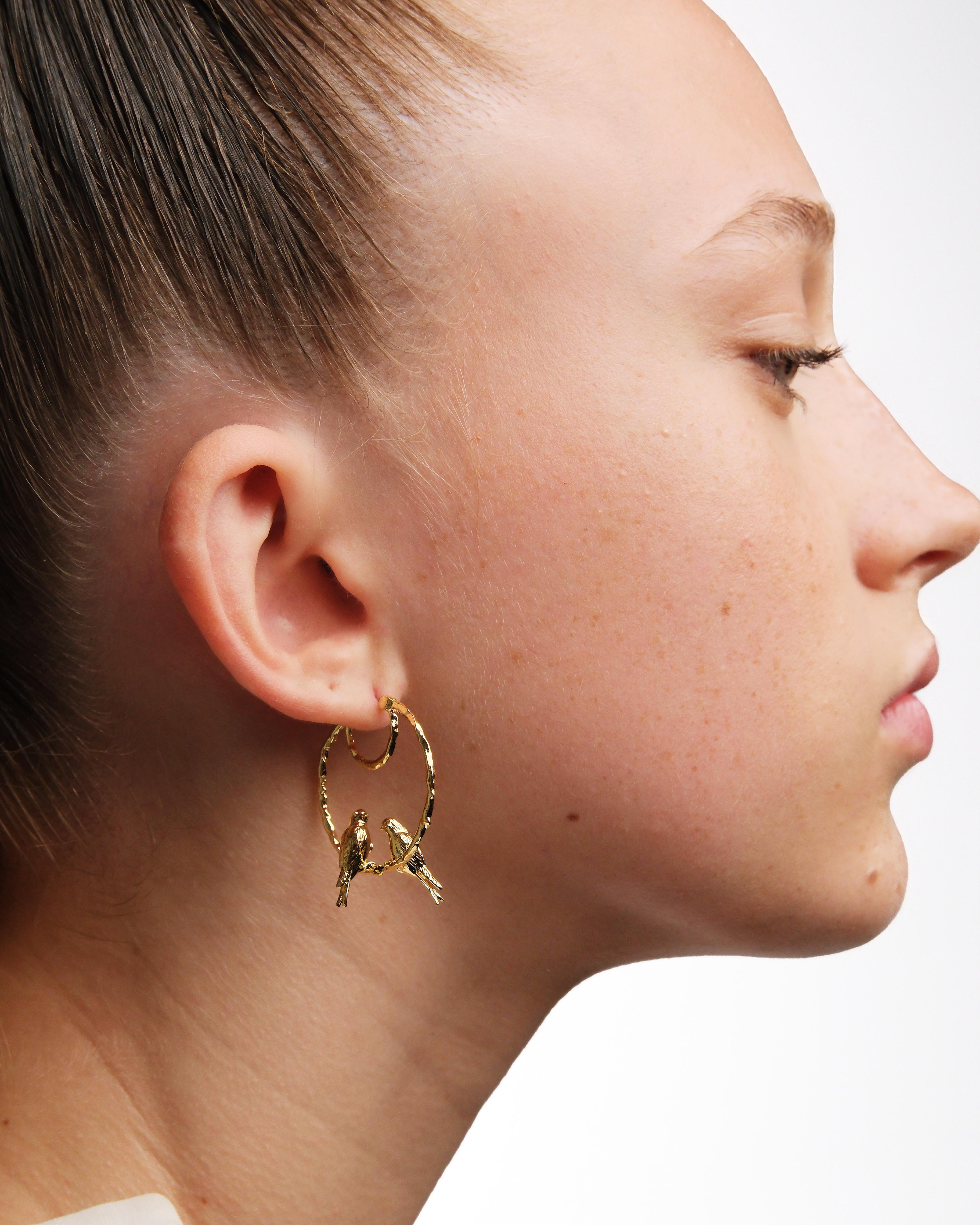 Small hoop earrings swallows duo