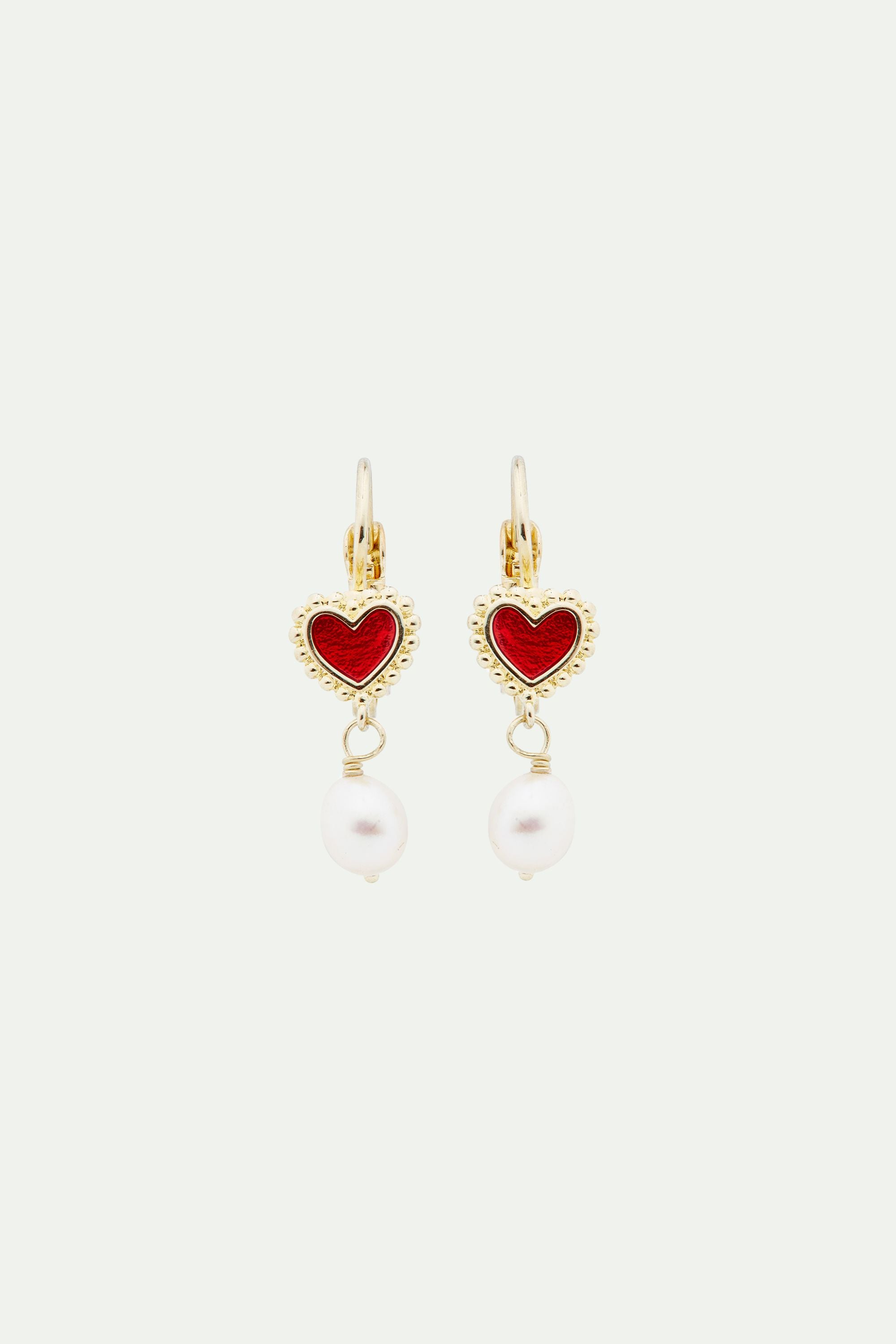 Heart and cultured pearl sleeper earrings