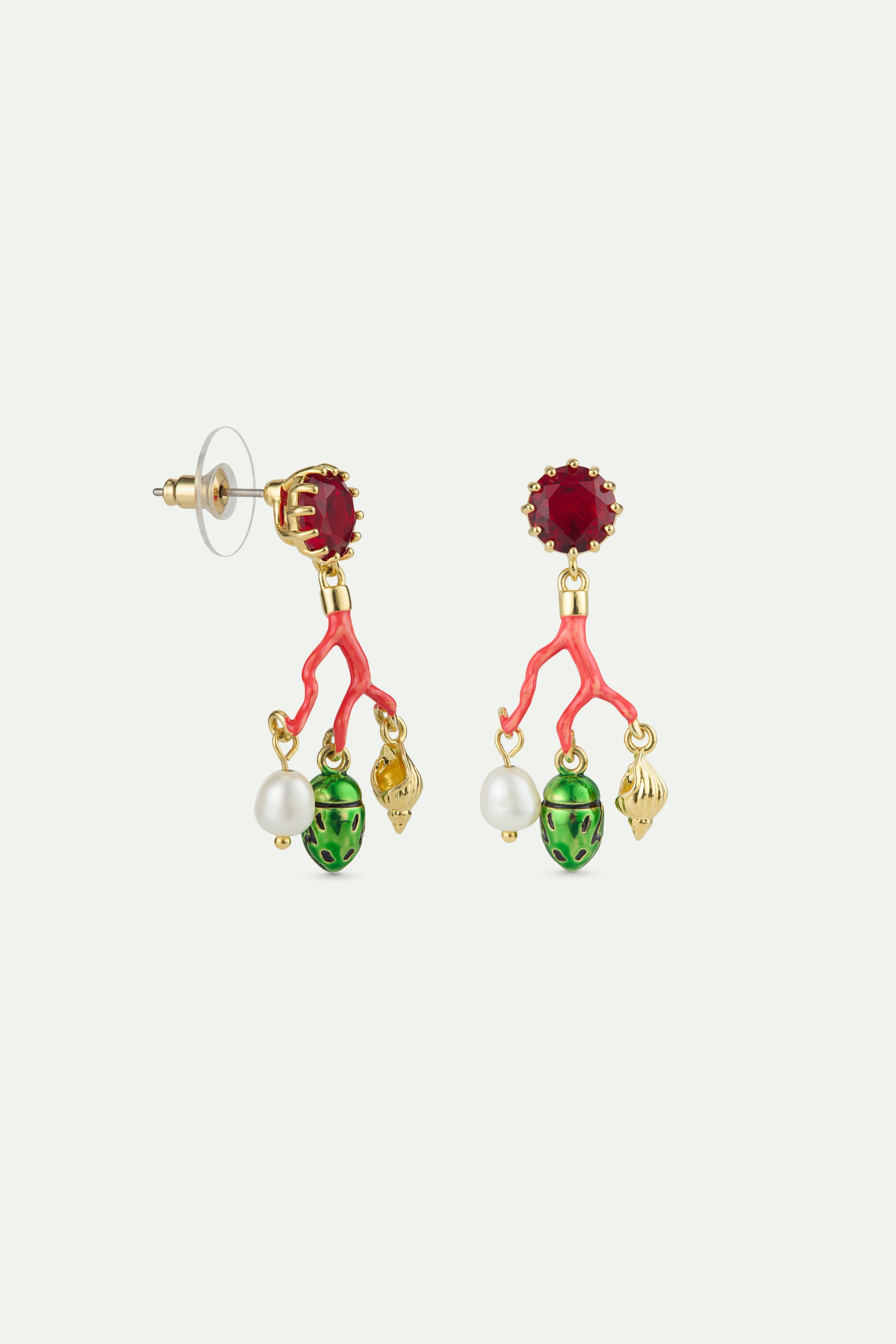 Coral post earrings, red faceted glass, cultured pearl, golden beetle and seashell