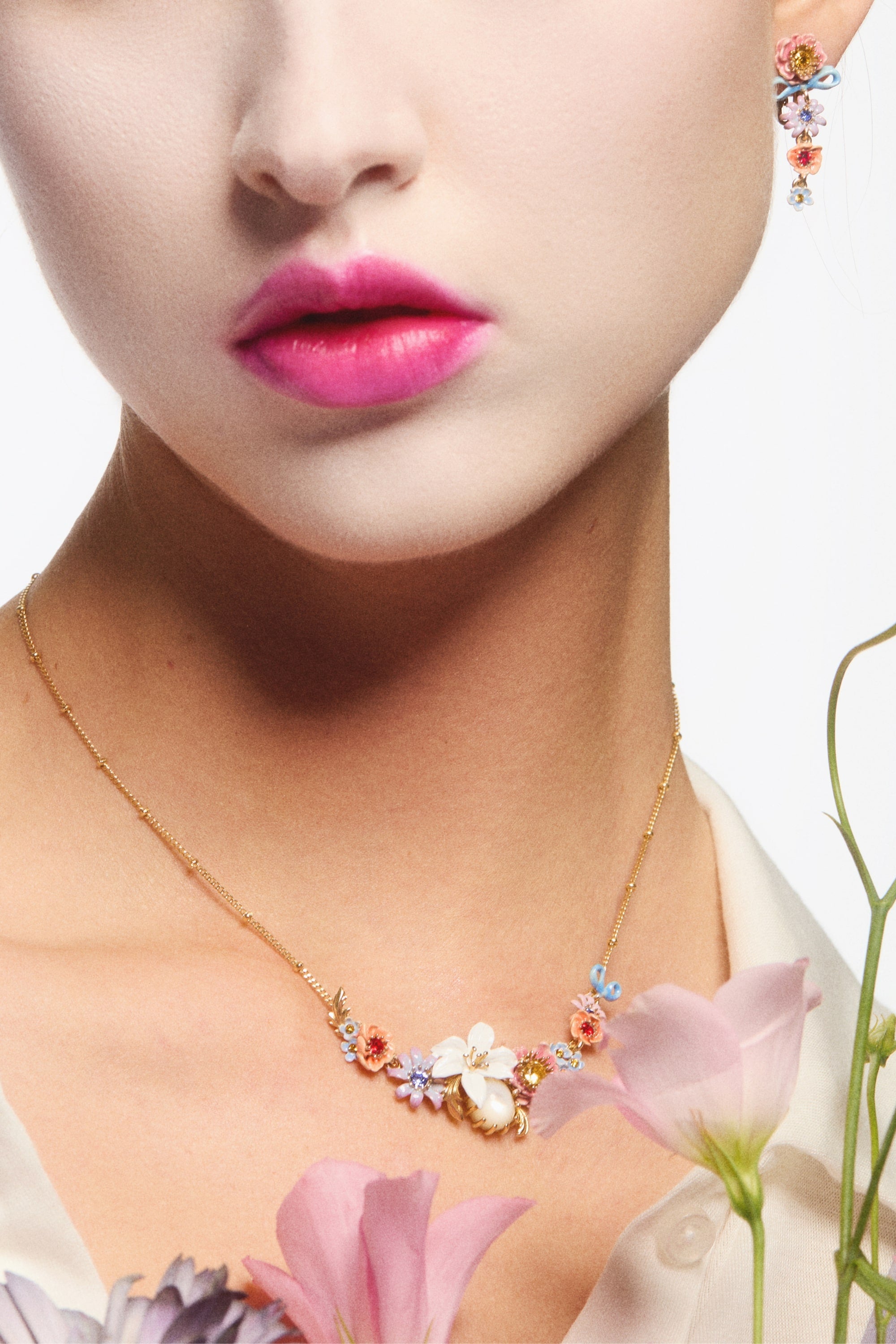 Pink and blue flowers and fine ribbon dangle earrings