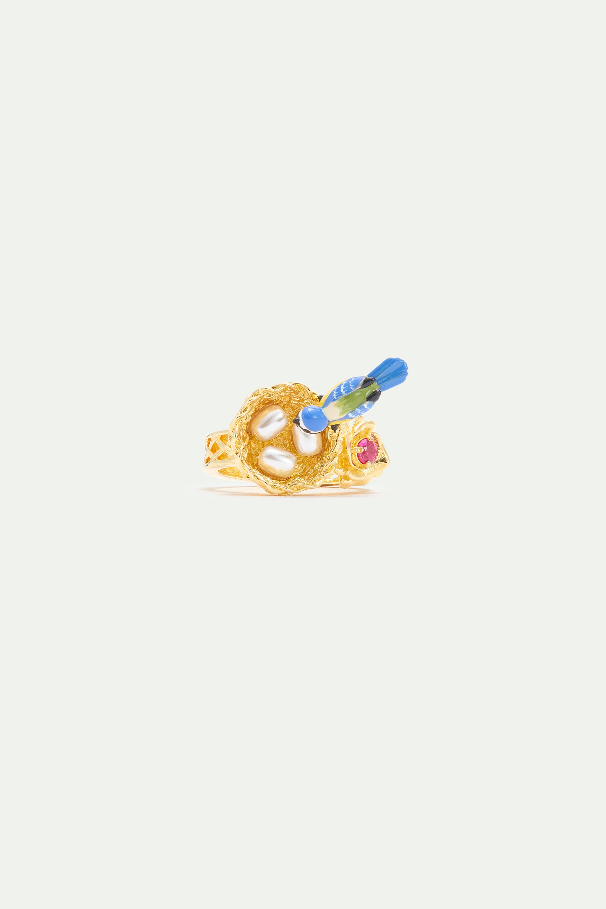 Gold nest ring with blue tit and rose