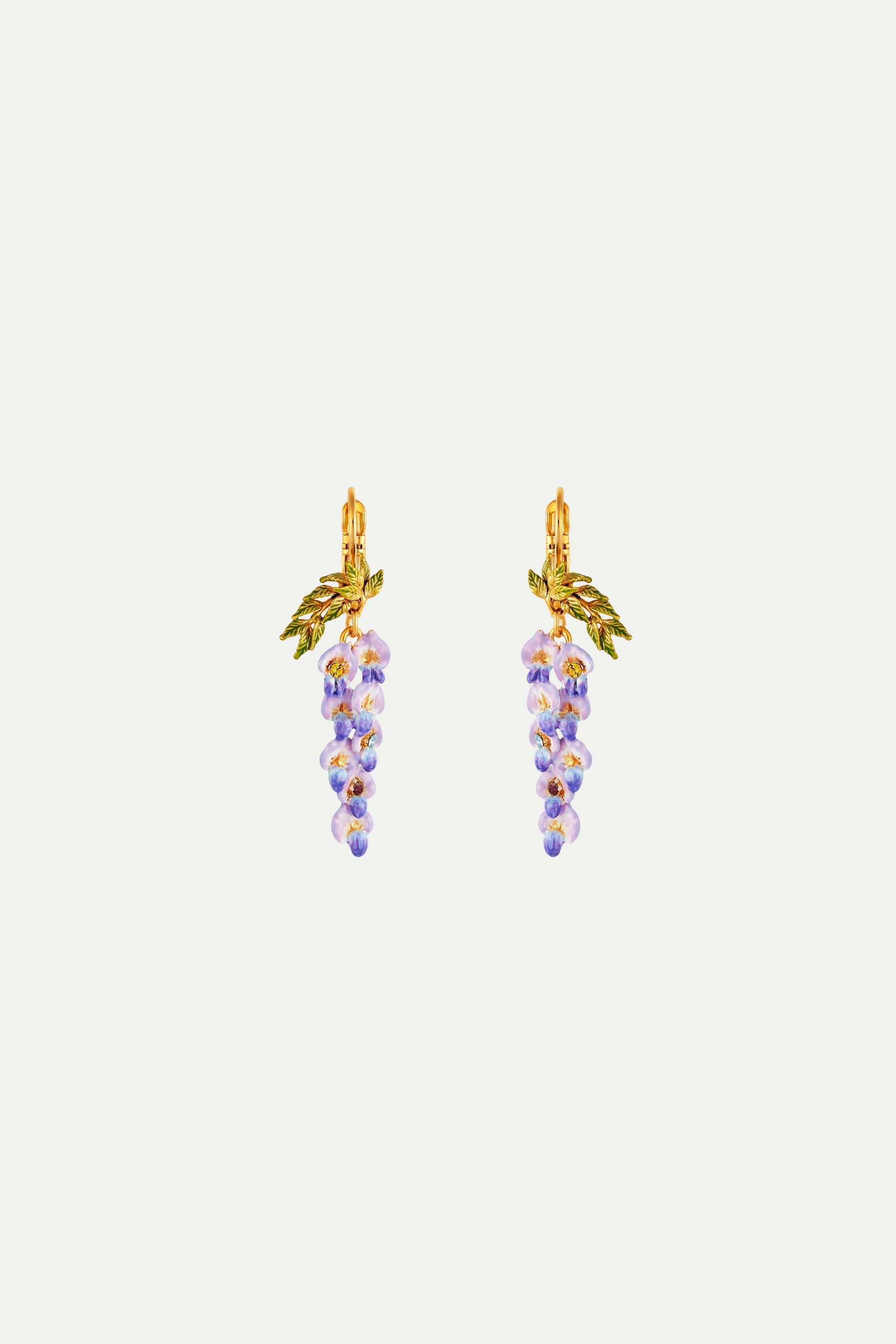 Wisteria Flower and Foliage Dangling Sleeper Earrings