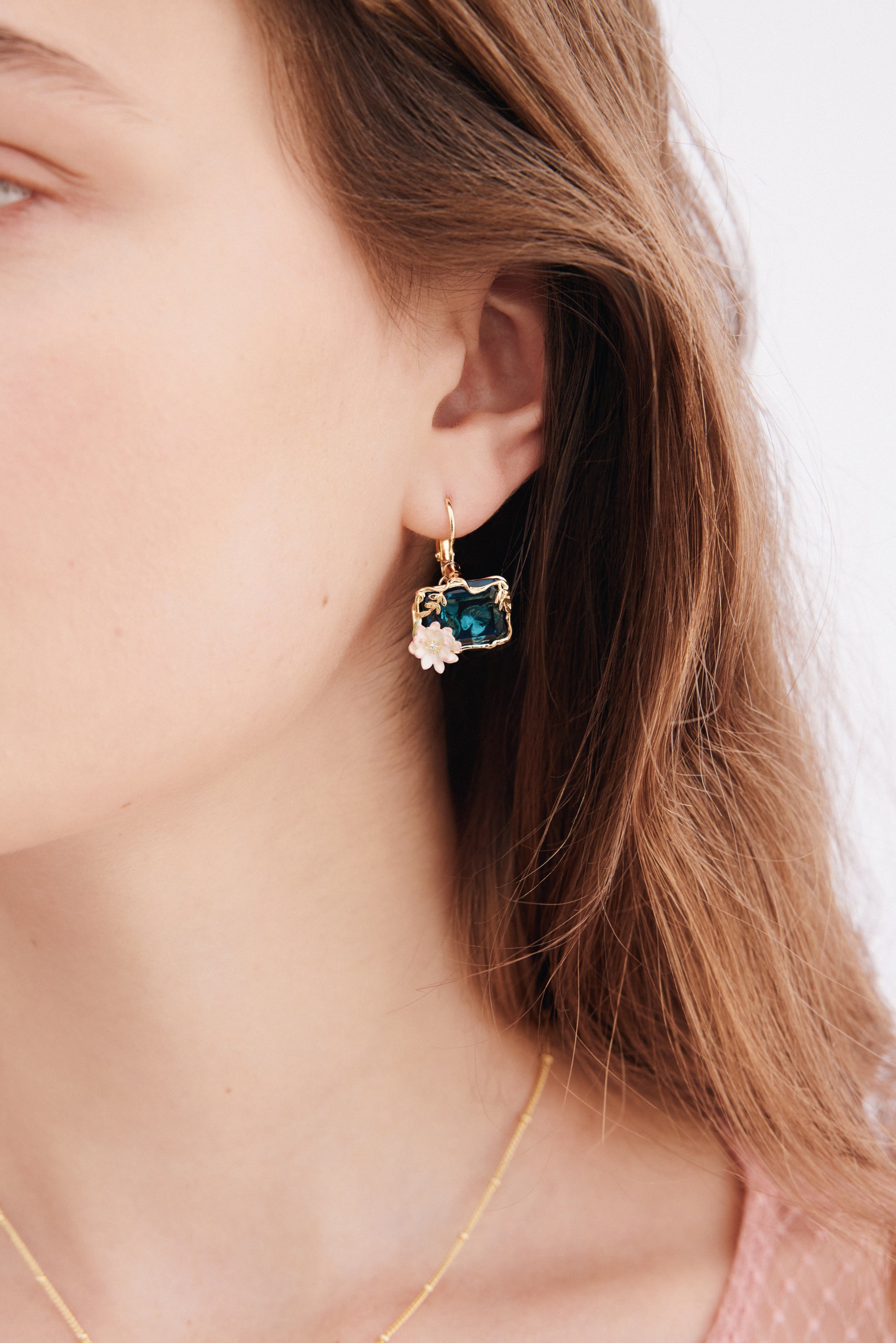 Blue and pink water lily pond earrings