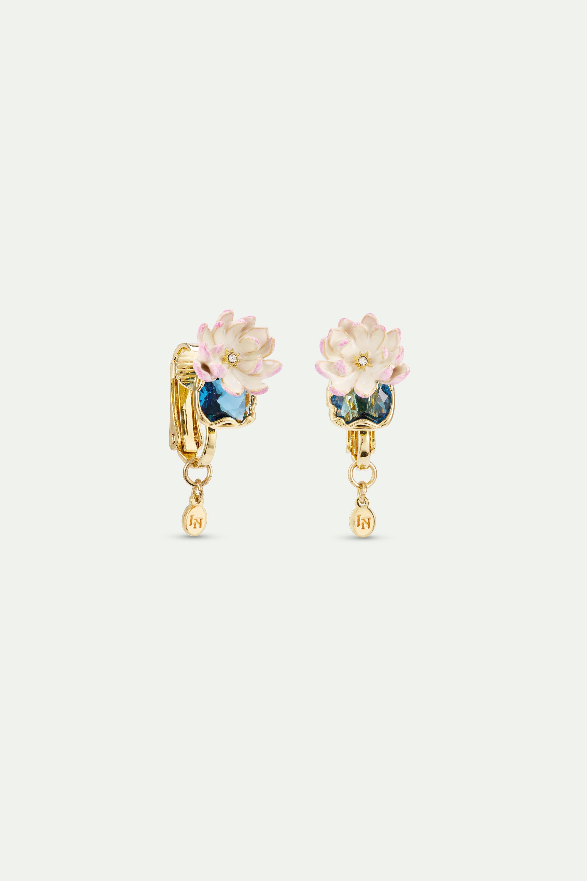 Pink water lily and round blue stone clip-on earrings