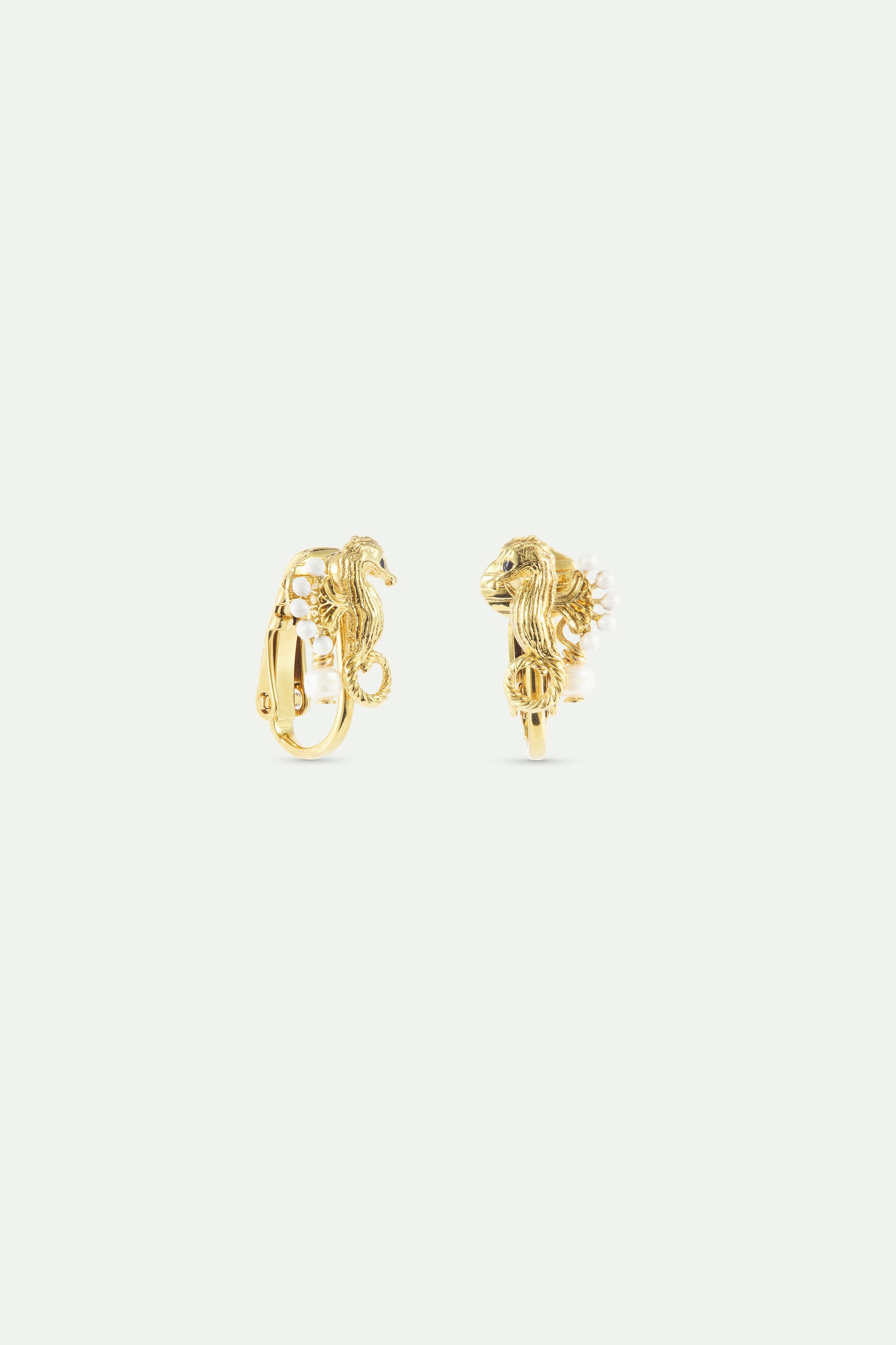 Golden seahorse and white pearl earrings