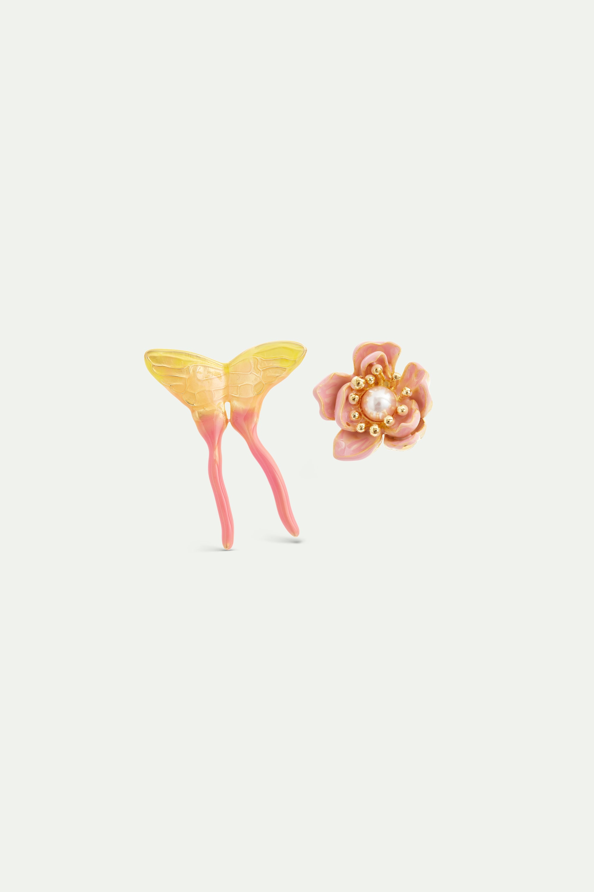 Pink magnolia flower and pink and yellow butterfly asymmetrical earrings