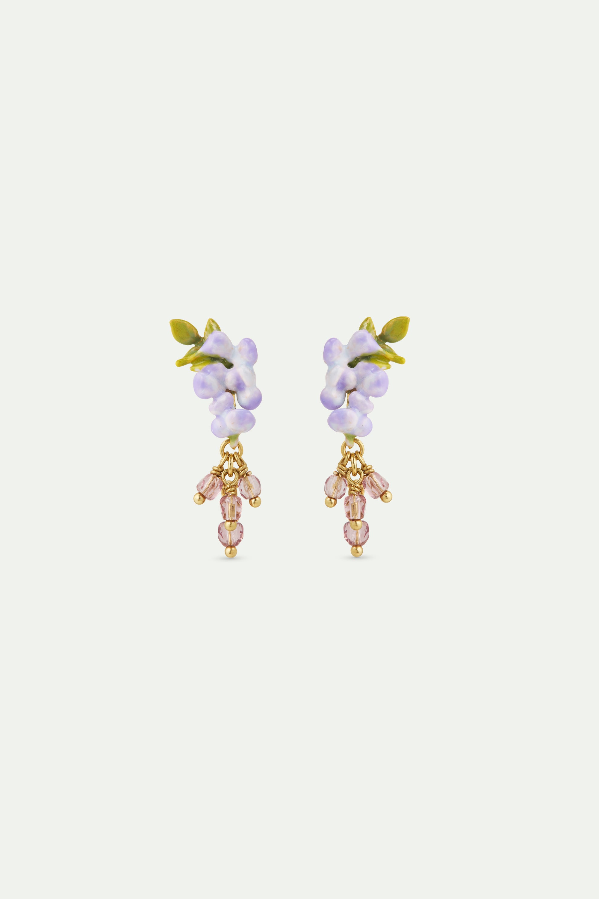 Purple wisteria, ivy and faceted crystal bead dangle earrings