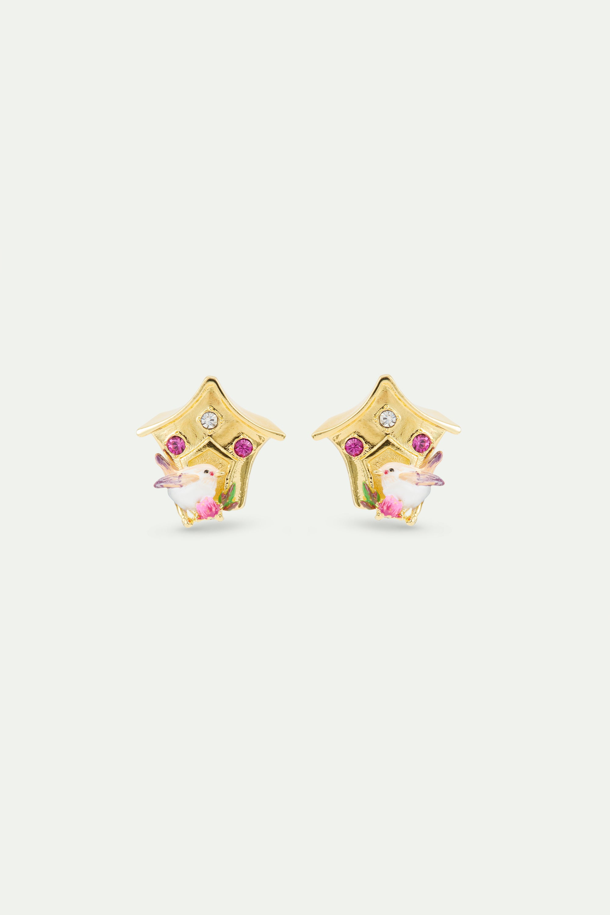 Birdhouse earrings, with snow bunting and pink crystals