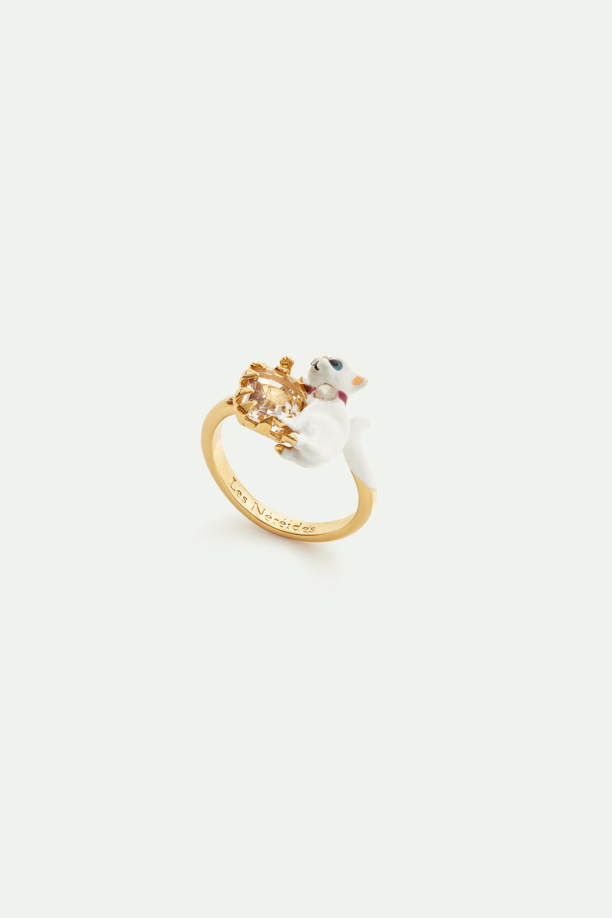 White cat and white faceted stone adjustable ring